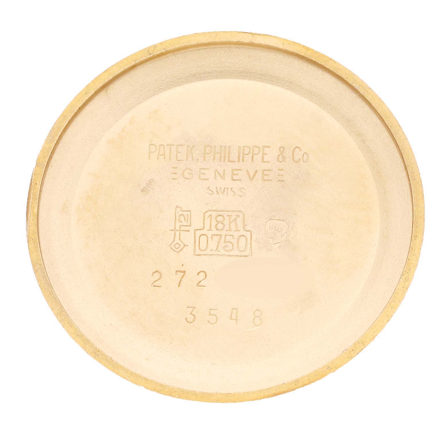 This image shows the inside of the case back of a Patek Philippe Golden Ellipse 3548 Men's Yellow Gold Blue Dial 3548 Men's Yellow Gold Blue Dial watch.