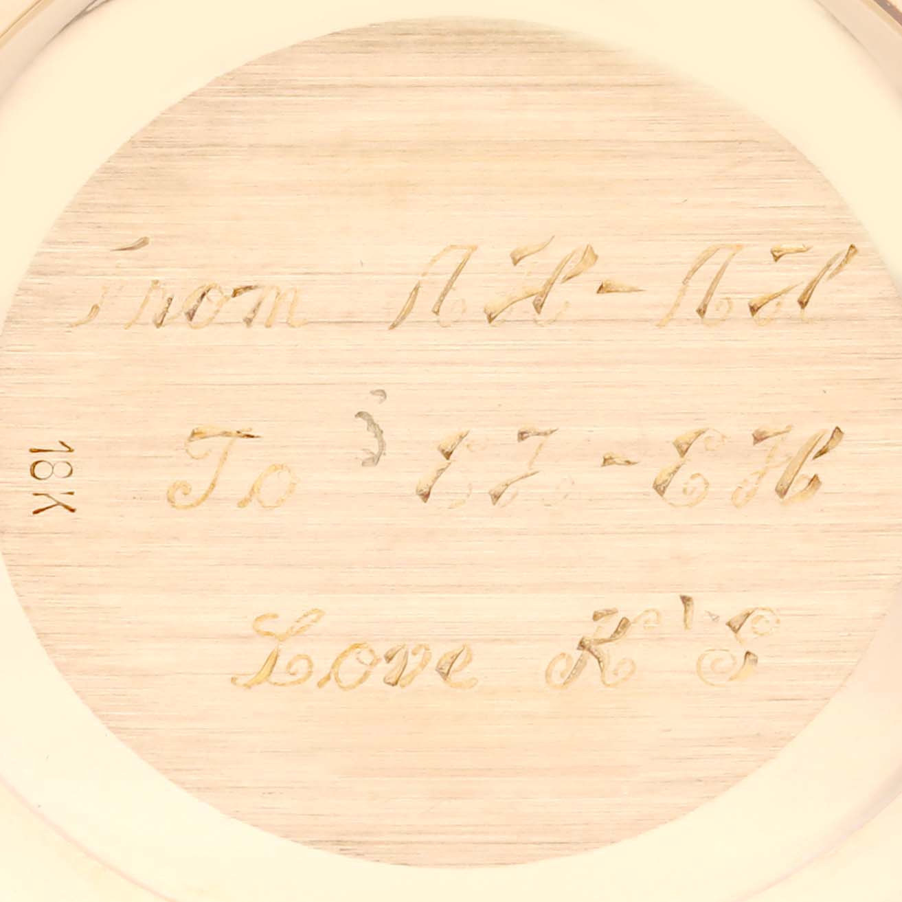 The image shows the engraved back of a Patek Philippe Golden Ellipse 3548 Men's Yellow Gold Blue Dial 3548 Men's Yellow Gold Blue Dial watch, indicating it's 18K gold.