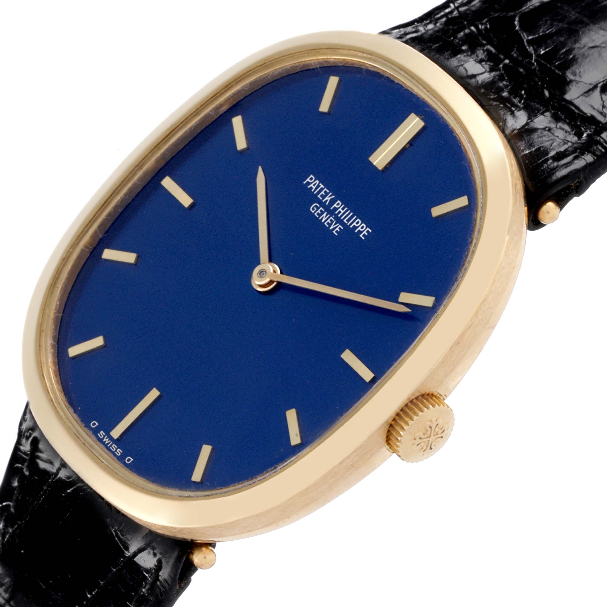 The Patek Philippe Golden Ellipse 3548 Men's Yellow Gold Blue Dial 3548 Men's Yellow Gold Blue Dial is shown at an angle highlighting the blue dial, gold case, and crown.