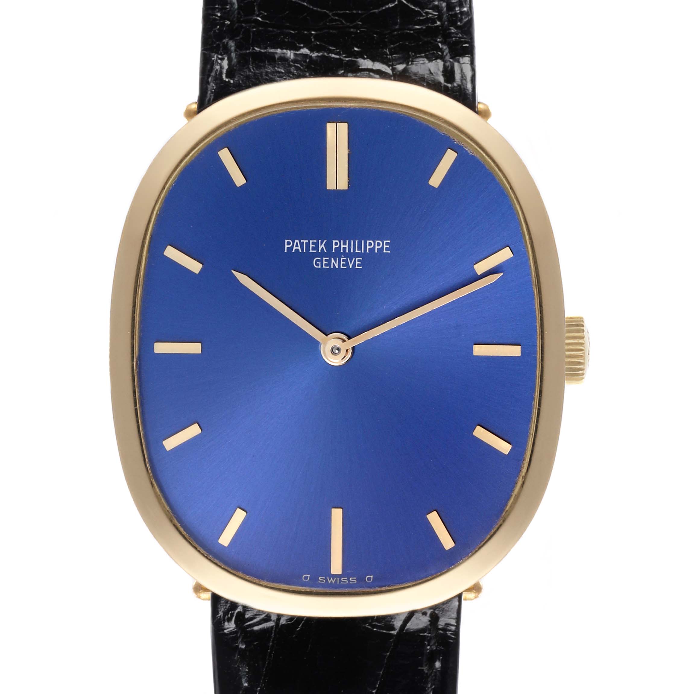 The Patek Philippe Golden Ellipse 3548 Men's Yellow Gold Blue Dial 3548 Men's Yellow Gold Blue Dial watch is shown from the front, highlighting the blue dial and gold case.