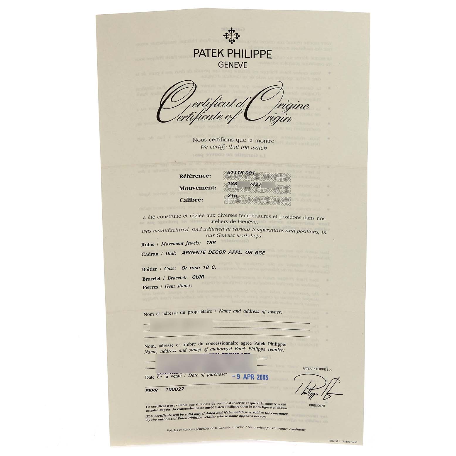 The image shows a Certificate of Origin for the Patek Philippe Gondolo 5111R-001 Men's Rose Gold Silver Dial 5111R-001 Men's Rose Gold Silver Dial watch, featuring details like reference and movement numbers.