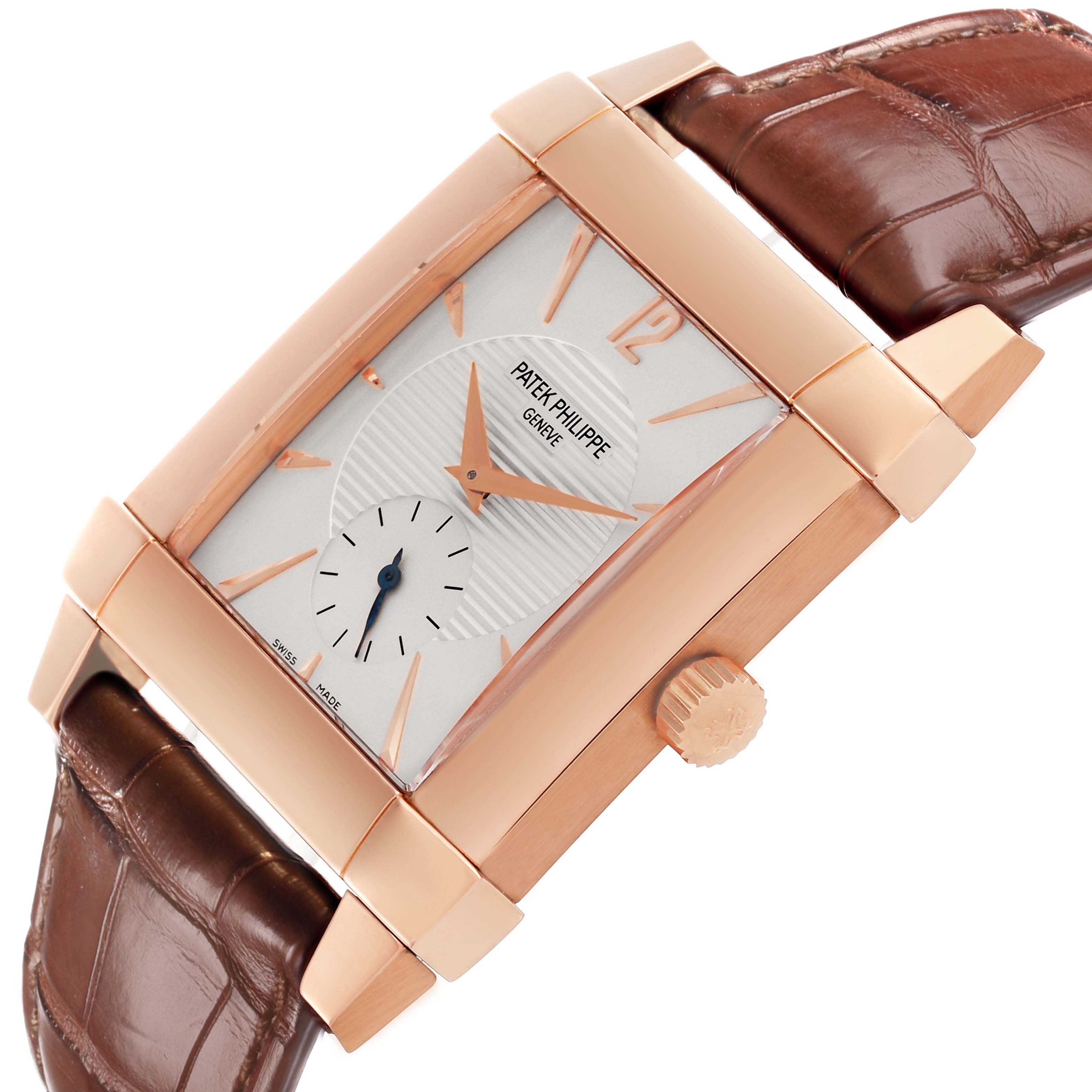 The Patek Philippe Gondolo 5111R-001 Men's Rose Gold Silver Dial 5111R-001 Men's Rose Gold Silver Dial watch is shown at an angled side view, highlighting its rose gold case, crown, and leather strap.