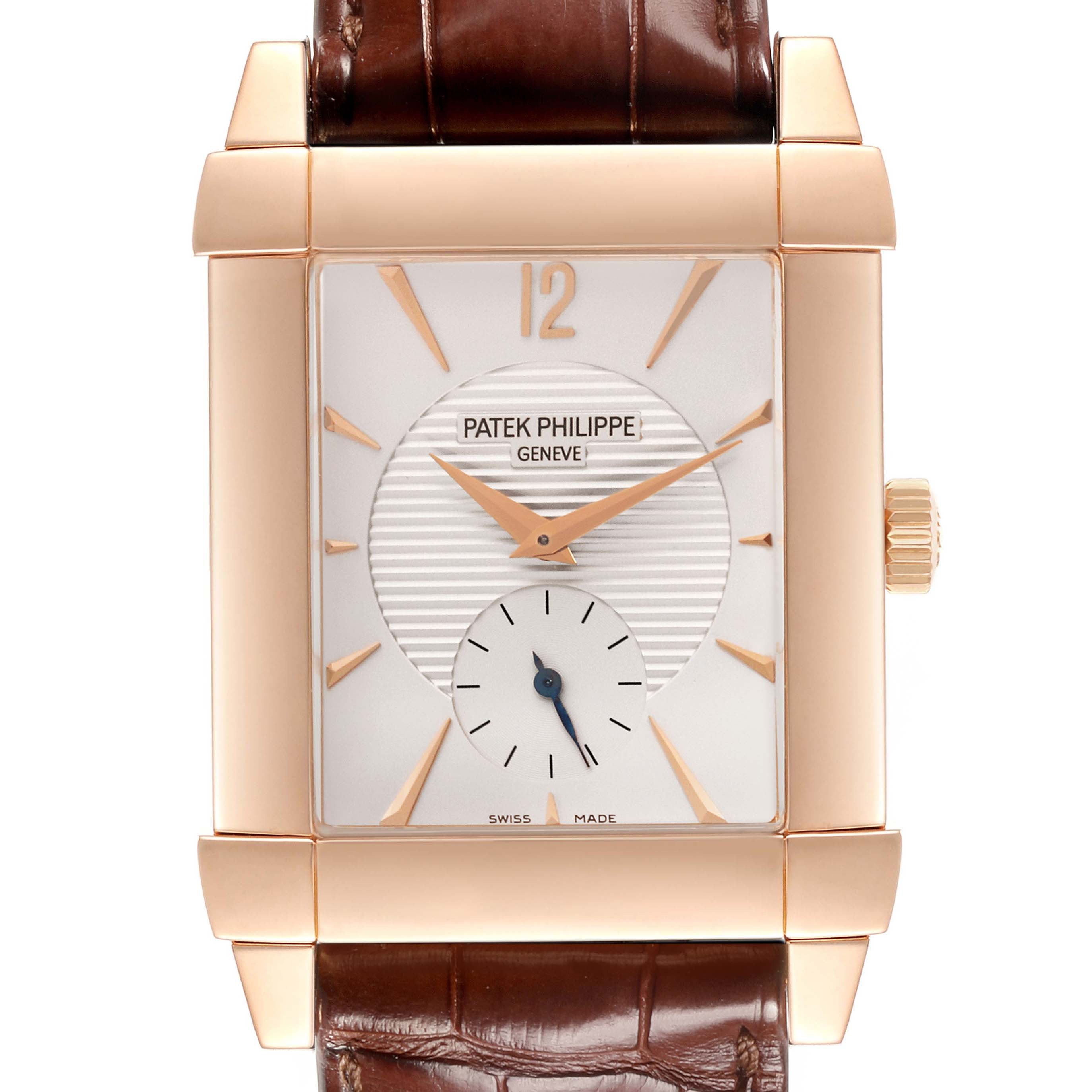 The image shows a front view of the Patek Philippe Gondolo 5111R-001 Men's Rose Gold Silver Dial 5111R-001 Men's Rose Gold Silver Dial watch, highlighting its square dial, rose gold case, and brown leather strap.