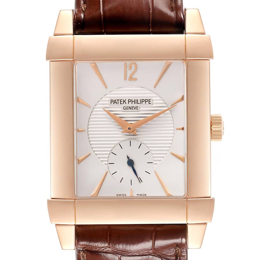 The image shows a front view of the Patek Philippe Gondolo watch, highlighting its square dial, rose gold case, and brown leather strap.