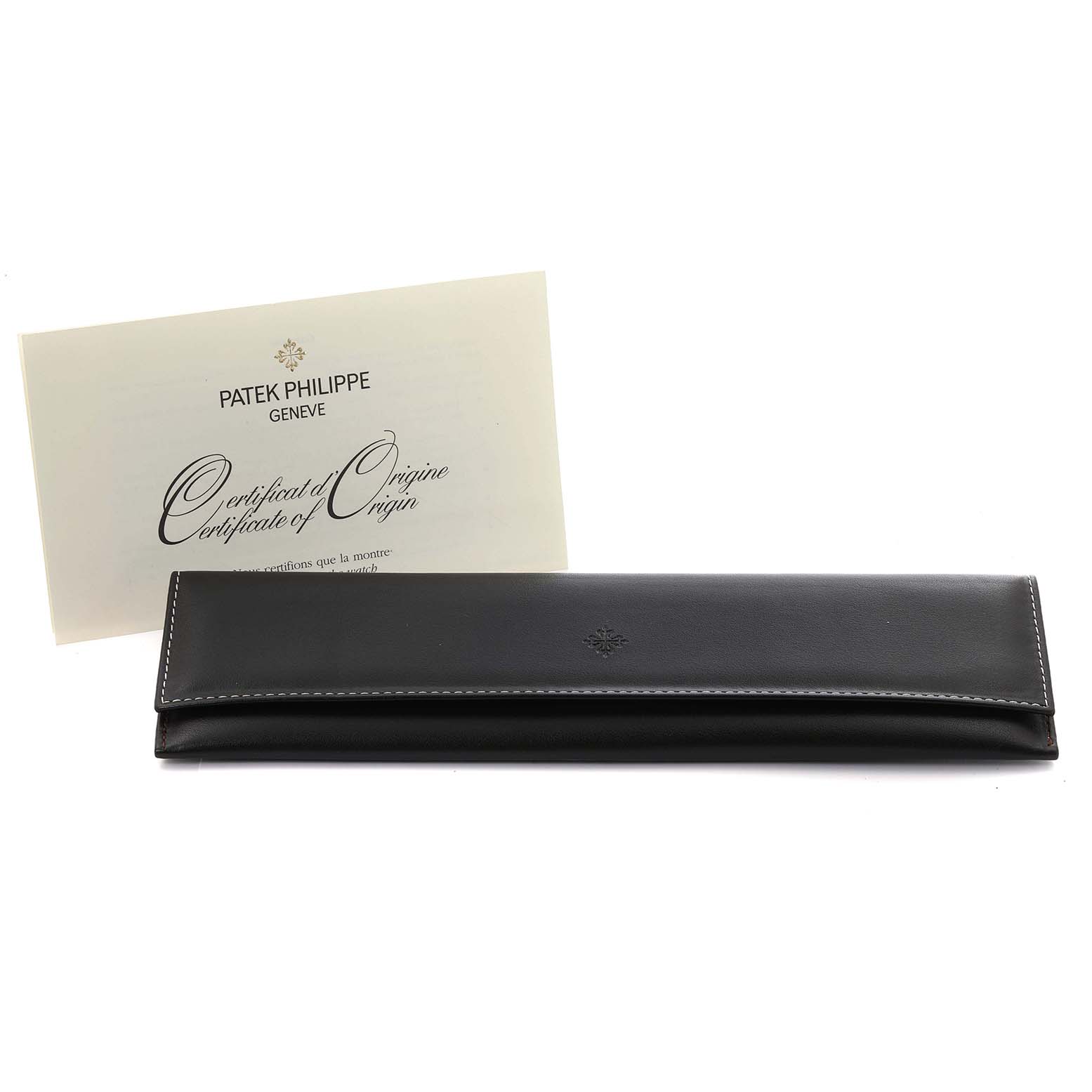 The image shows a Patek Philippe Gondolo 5111R-001 Men's Rose Gold Silver Dial 5111R-001 Men's Rose Gold Silver Dial case and a Certificate of Origin, both viewed from the front.