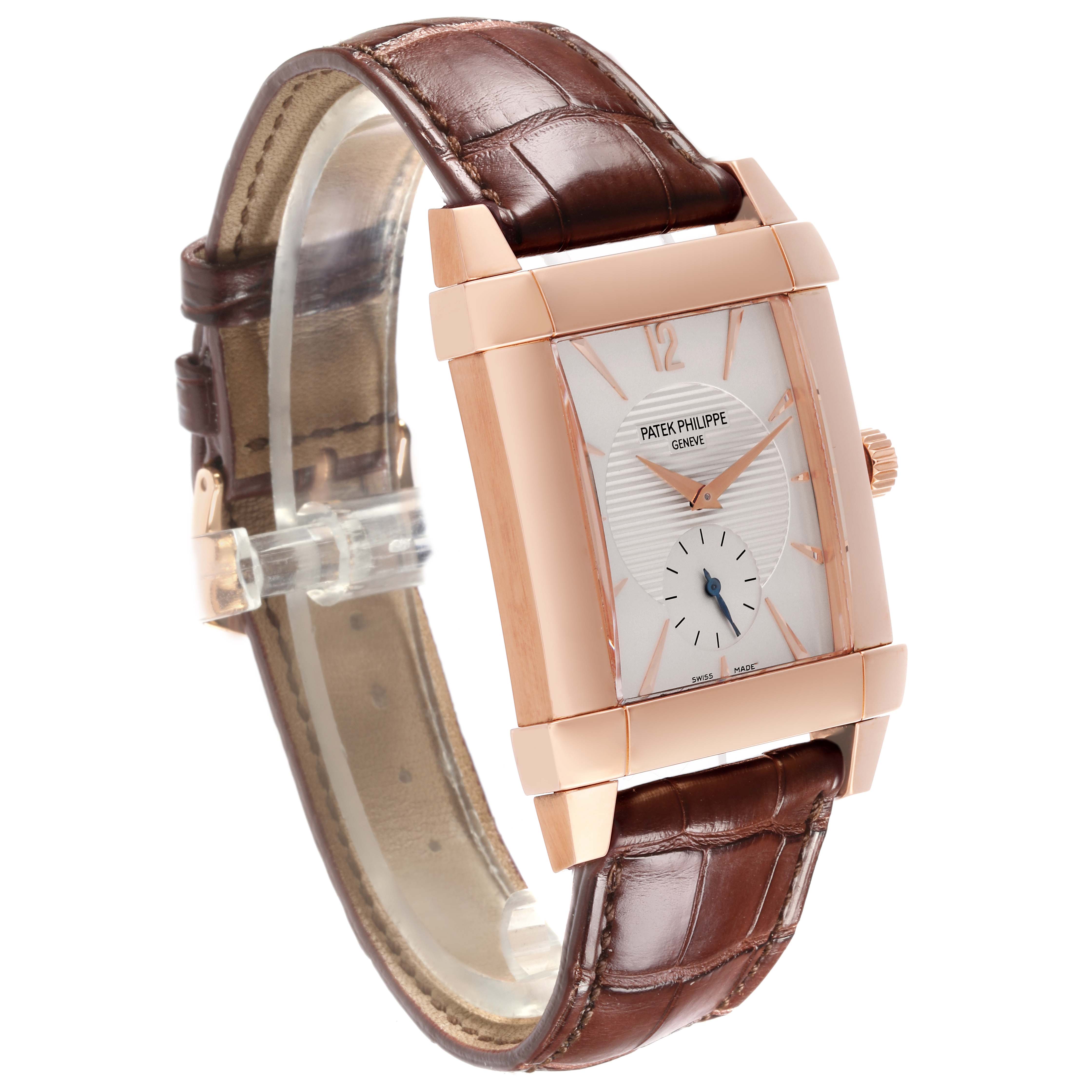 This image shows the Patek Philippe Gondolo 5111R-001 Men's Rose Gold Silver Dial 5111R-001 Men's Rose Gold Silver Dial watch at a three-quarter angle, highlighting the case, dial, bezel, and leather strap.