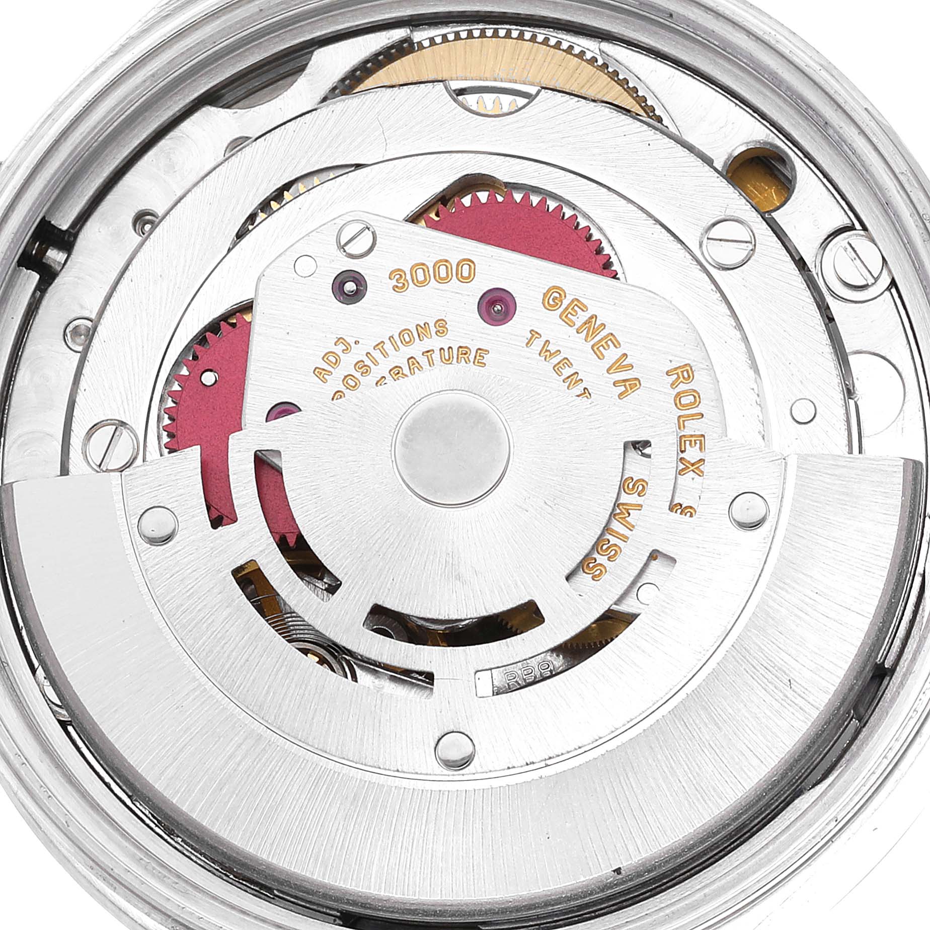 The image shows a close-up view of the movement mechanism of a Rolex 14000 Men's Stainless Steel Blue Dial 14000 Men's Stainless Steel Blue Dial Air King 34mm Blue Dial Smooth Bezel Steel Mens Watch 14000 model.