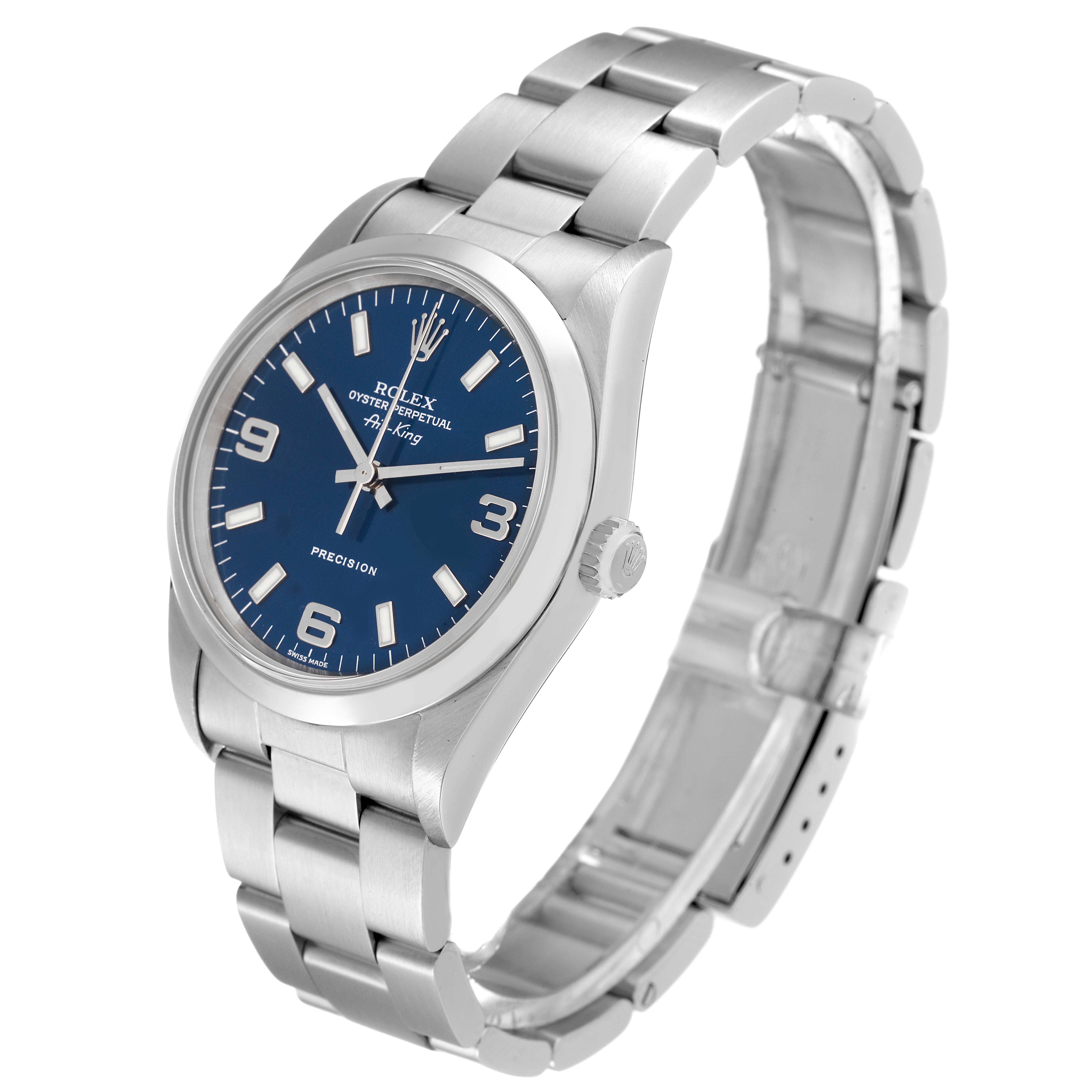 The Rolex 14000 Men's Stainless Steel Blue Dial 14000 Men's Stainless Steel Blue Dial Air King 34mm Blue Dial Smooth Bezel Steel Mens Watch 14000 is shown from a front-side angle displaying the face, crown, and bracelet.