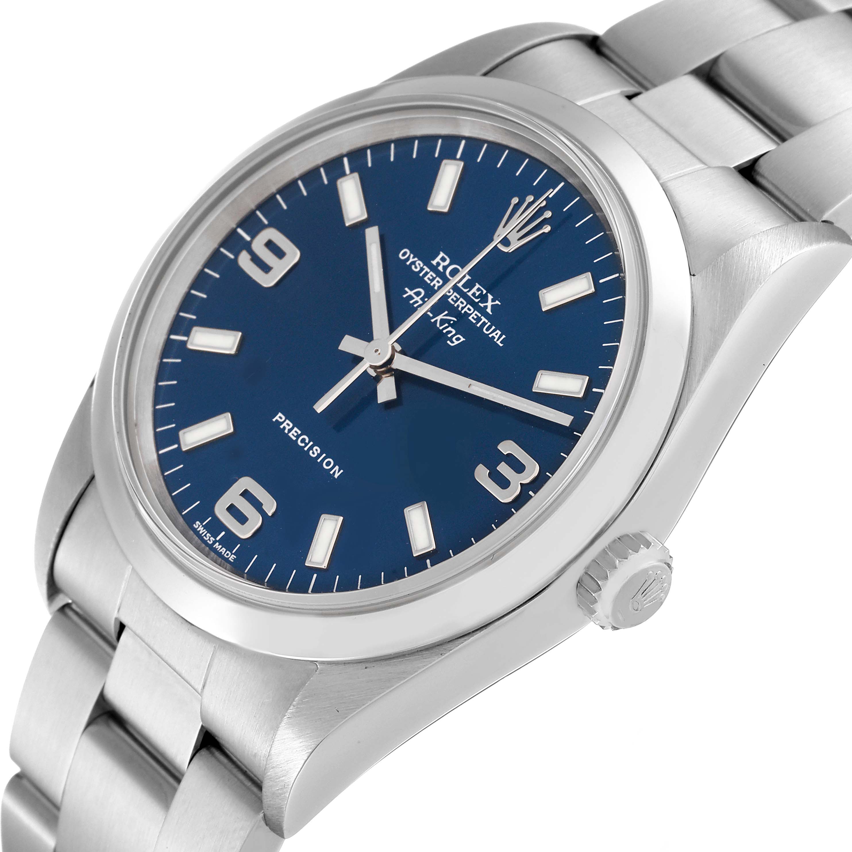 The image shows a Rolex 14000 Men's Stainless Steel Blue Dial 14000 Men's Stainless Steel Blue Dial Air King 34mm Blue Dial Smooth Bezel Steel Mens Watch 14000 model at an angled close-up, highlighting the dial, case, and part of the bracelet.