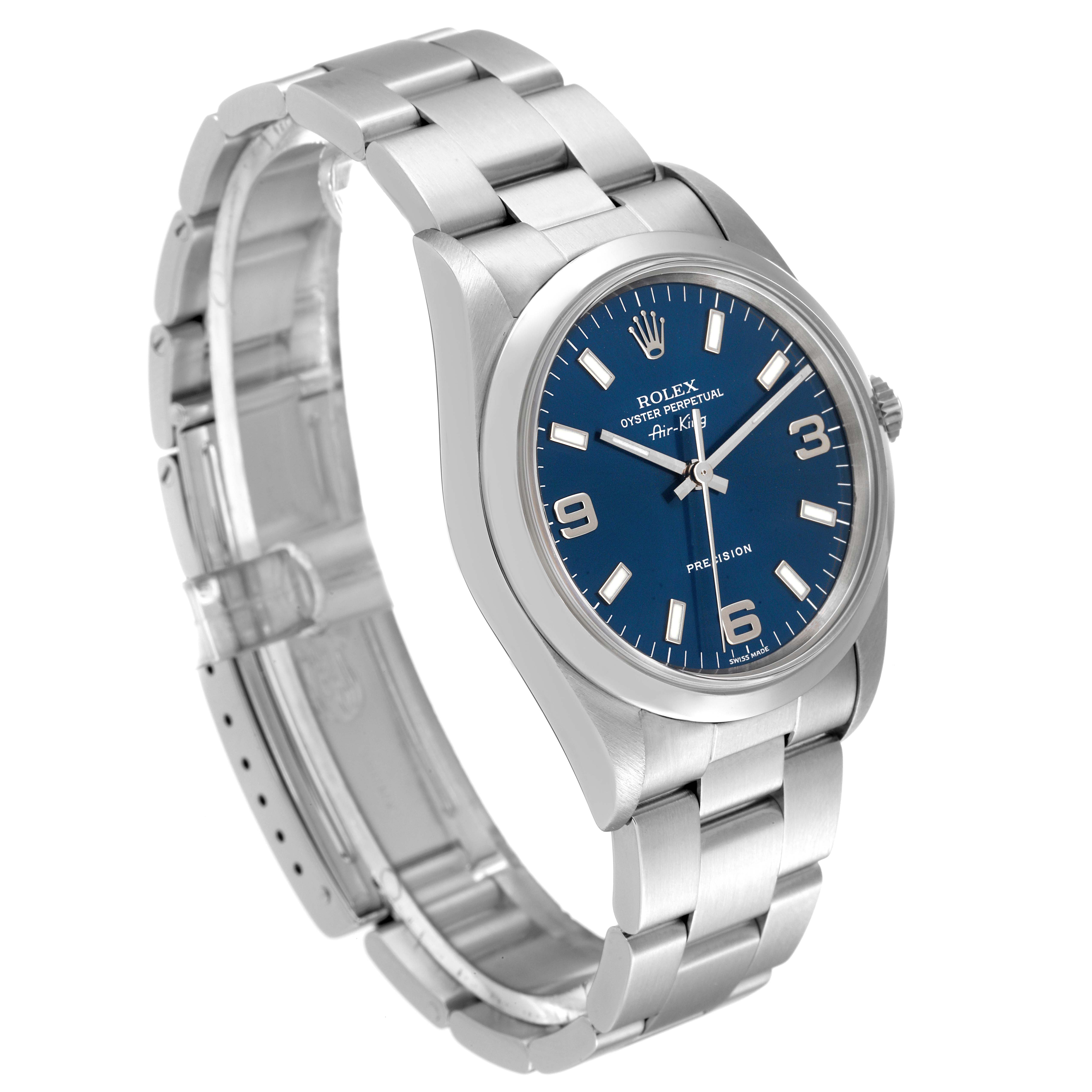 The image shows a Rolex 14000 Men's Stainless Steel Blue Dial 14000 Men's Stainless Steel Blue Dial Air King 14000 model watch, featuring a blue dial, smooth bezel, and steel bracelet from an angled side view.