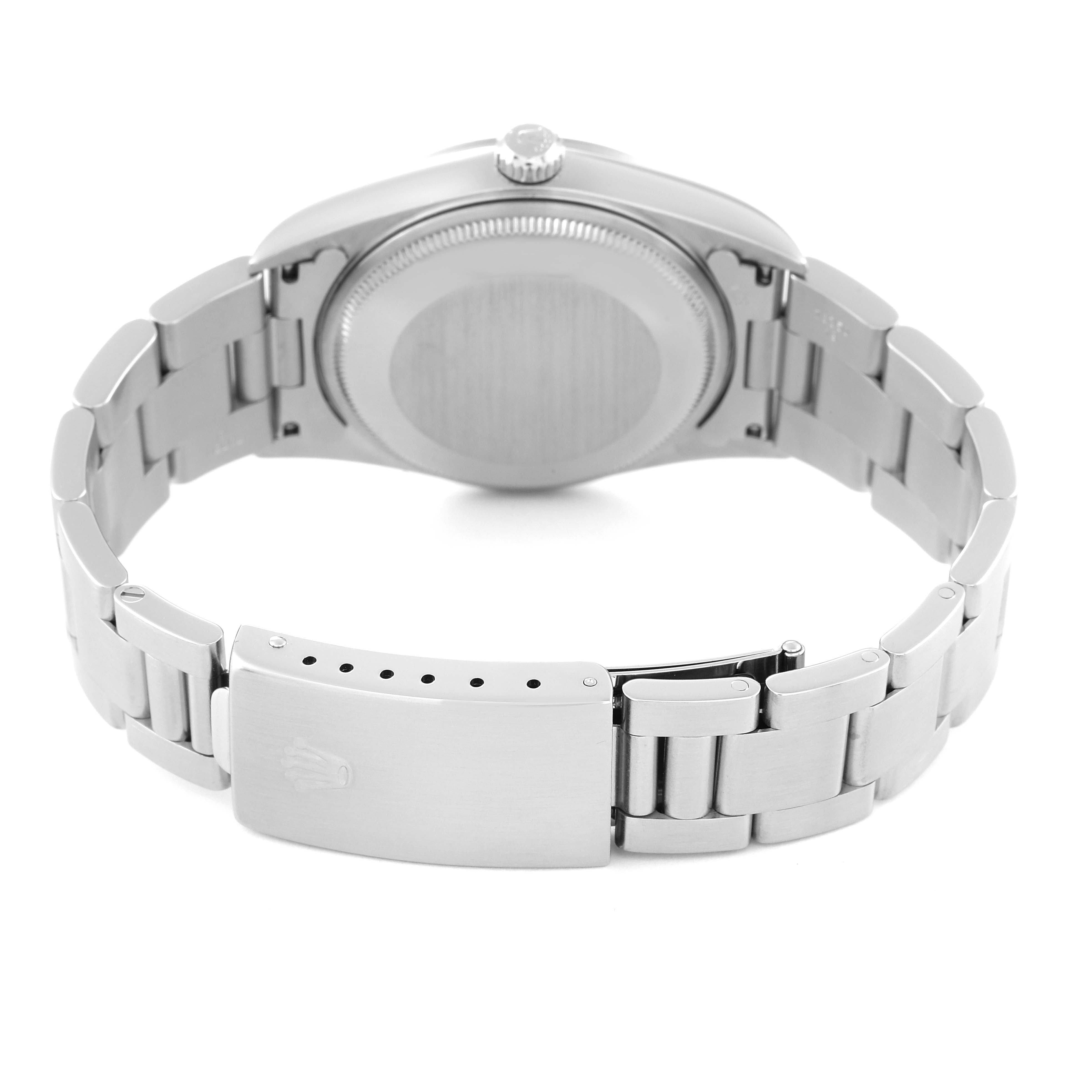 The image shows the back view and clasp of the Rolex 14000 Men's Stainless Steel Blue Dial 14000 Men's Stainless Steel Blue Dial Air King 34mm Blue Dial Smooth Bezel Steel Mens Watch model 14000.