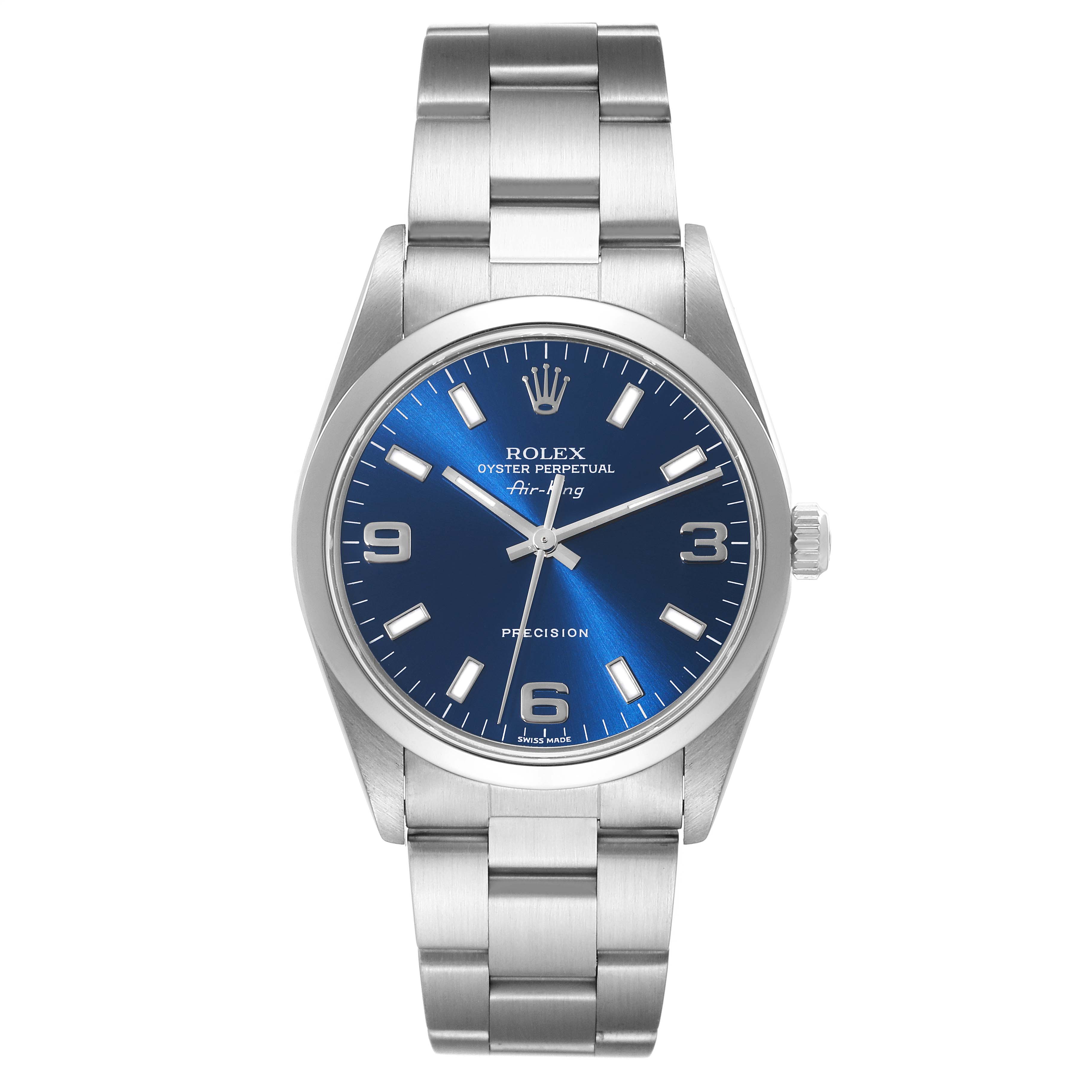 The image shows a front view of the Rolex 14000 Men's Stainless Steel Blue Dial 14000 Men's Stainless Steel Blue Dial Air King 34mm Blue Dial Smooth Bezel Steel Men's Watch 14000 model.