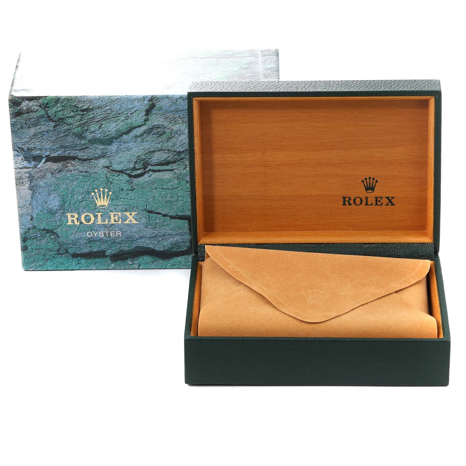 The image shows an open Rolex Air-King 14010 Men's Stainless Steel White Dial 14010 Men's Stainless Steel White Dial watch box, revealing a leather pouch inside.