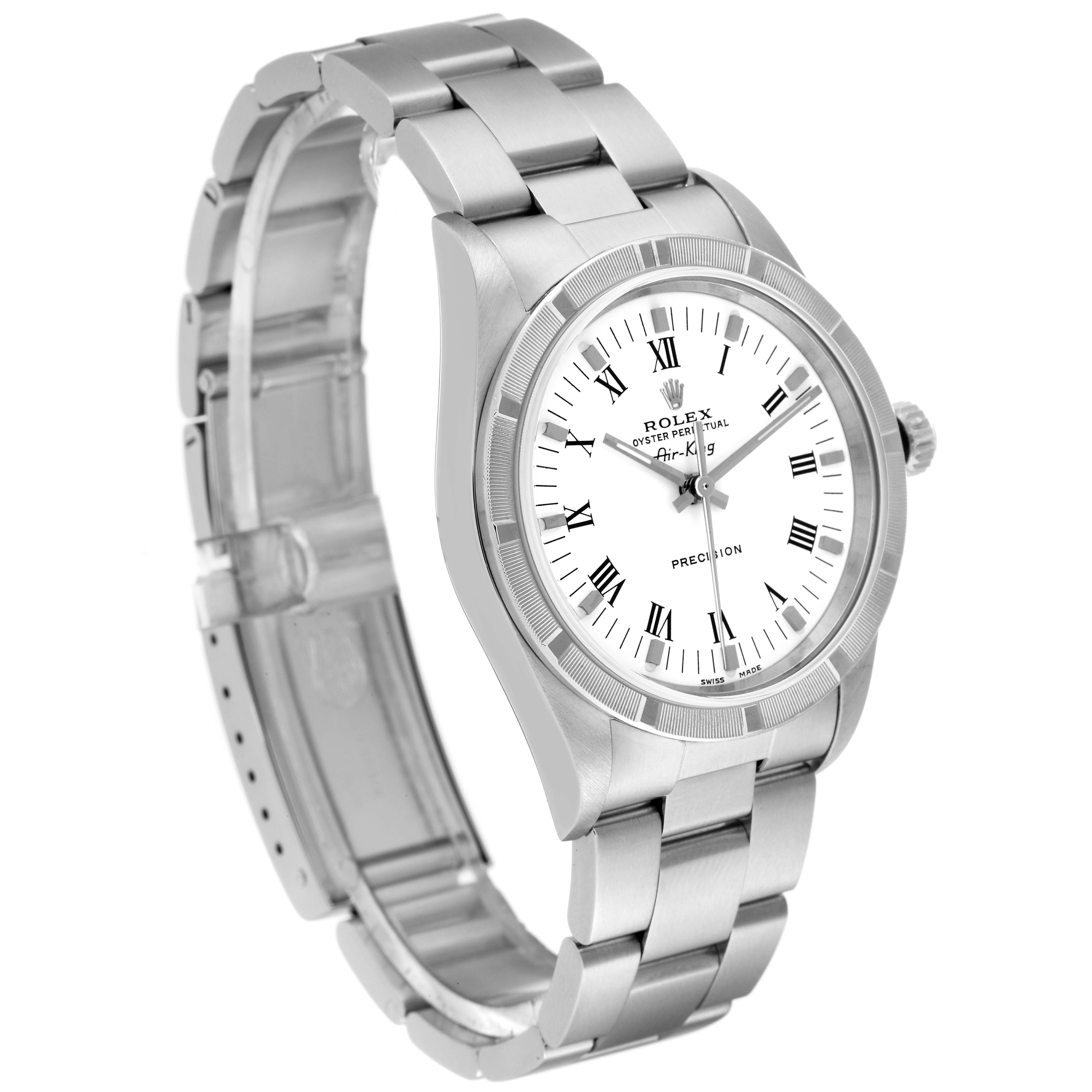 The image shows a side profile of the Rolex Air-King 14010 Men's Stainless Steel White Dial 14010 Men's Stainless Steel White Dial watch, featuring its silver metal band, bezel, and dial with Roman numerals.