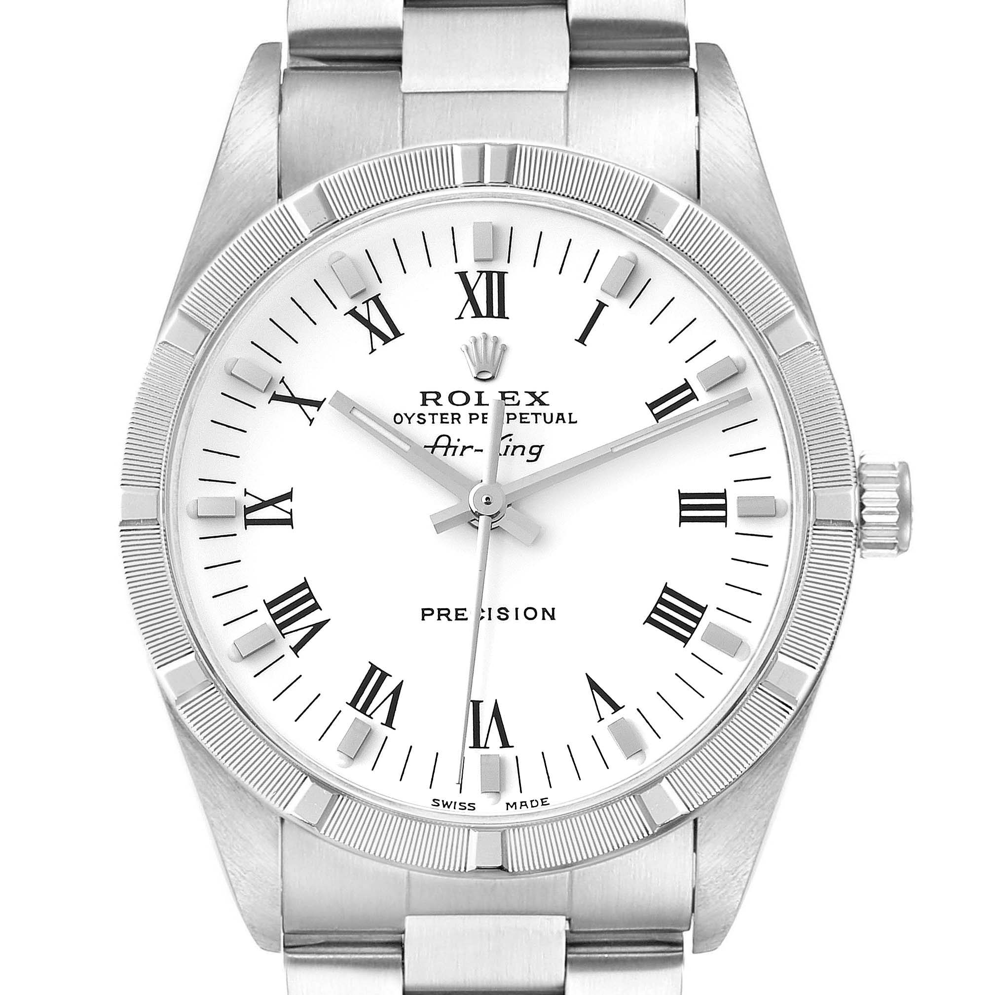This Rolex Air-King 14010 Men's Stainless Steel White Dial 14010 Men's Stainless Steel White Dial watch is shown from a front angle, highlighting its dial, bezel, and bracelet.