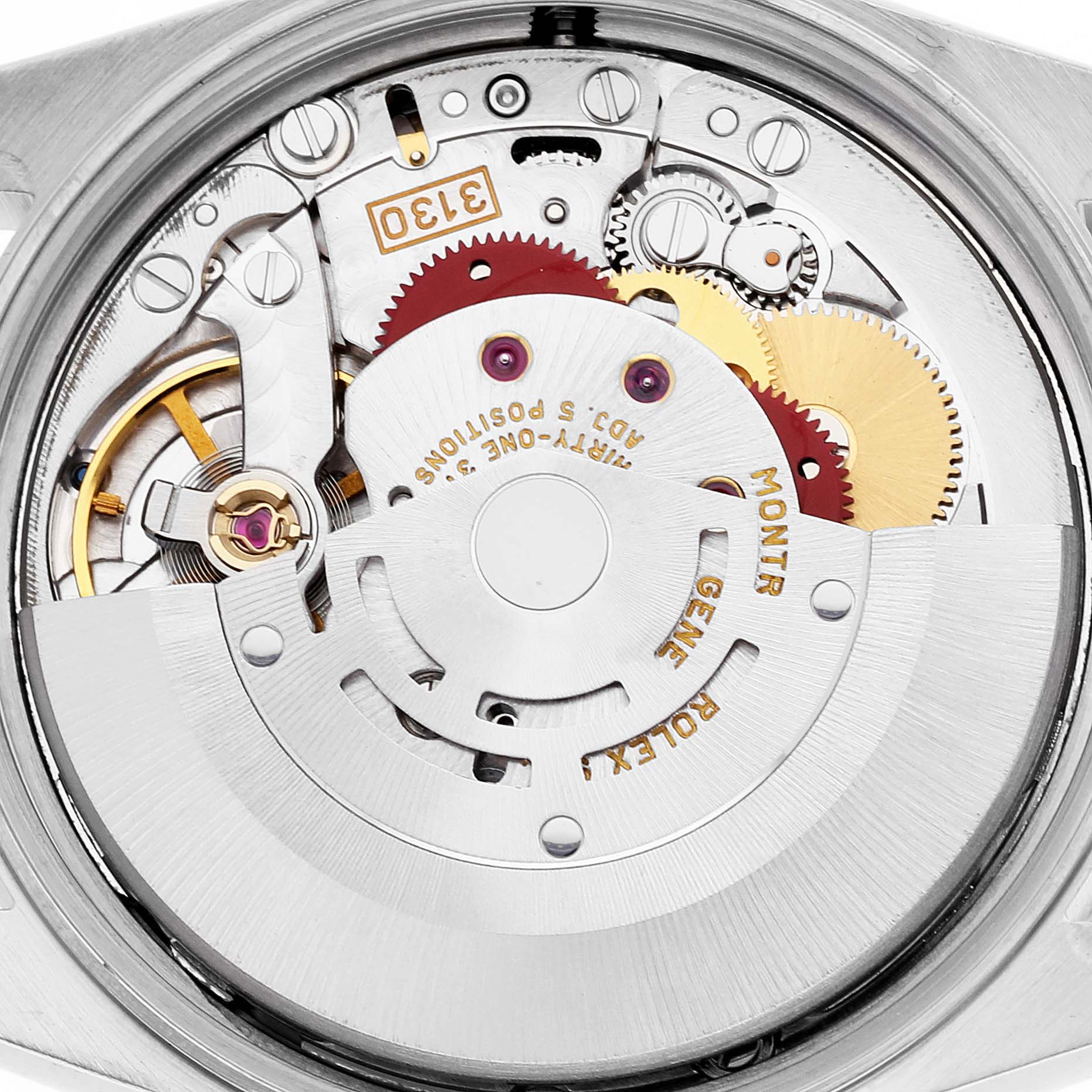 The image shows the internal mechanism of a Rolex Air-King 14010 Men's Stainless Steel White Dial 14010 Men's Stainless Steel White Dial watch, highlighting gears, screws, and the movement components from a top-down angle.