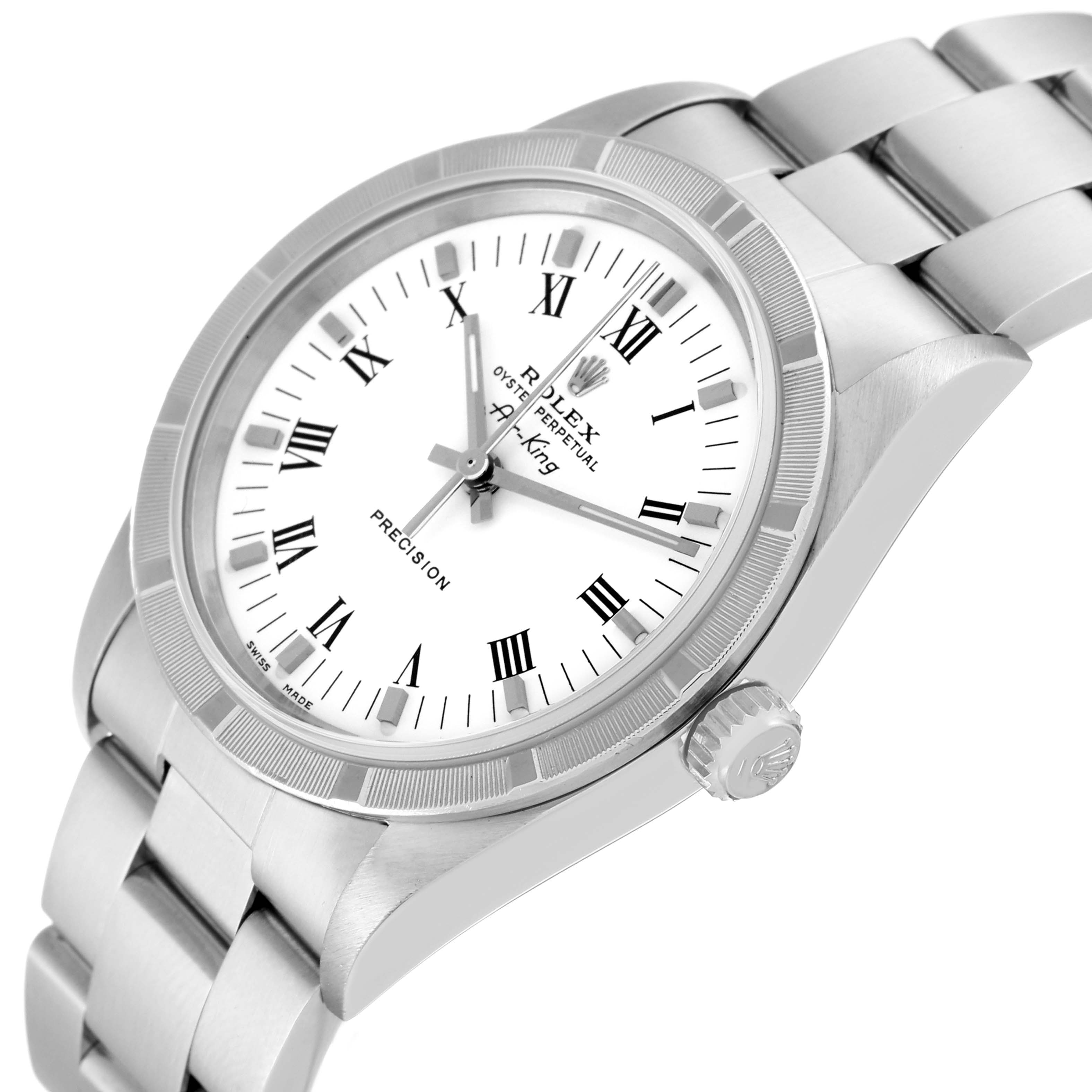 This image shows a Rolex Air-King 14010 Men's Stainless Steel White Dial 14010 Men's Stainless Steel White Dial watch at an angled view, displaying the dial, crown, and partial bracelet.