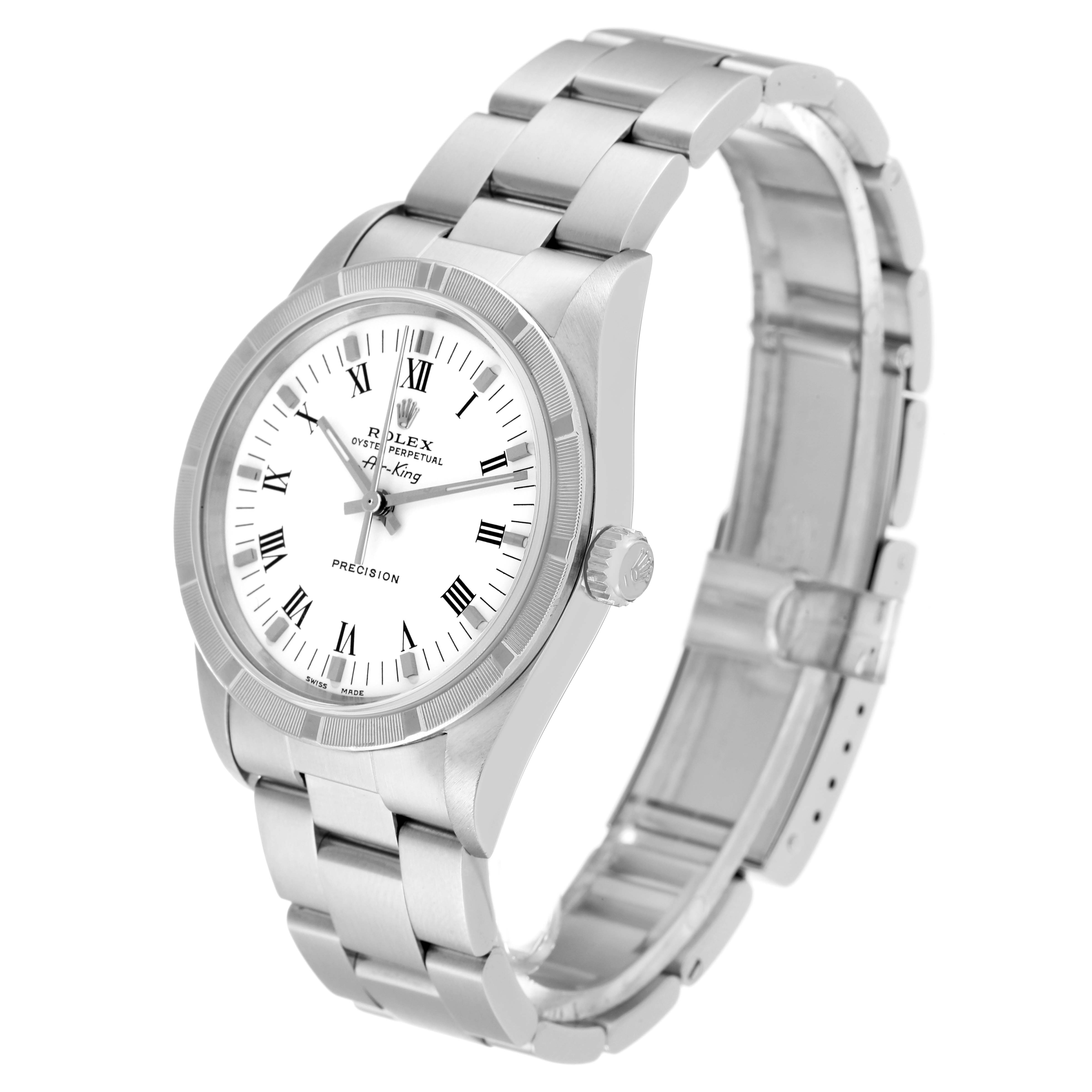 The image shows a front-angle view of a Rolex Air-King 14010 Men's Stainless Steel White Dial 14010 Men's Stainless Steel White Dial watch, displaying the case, dial, hands, and bracelet.