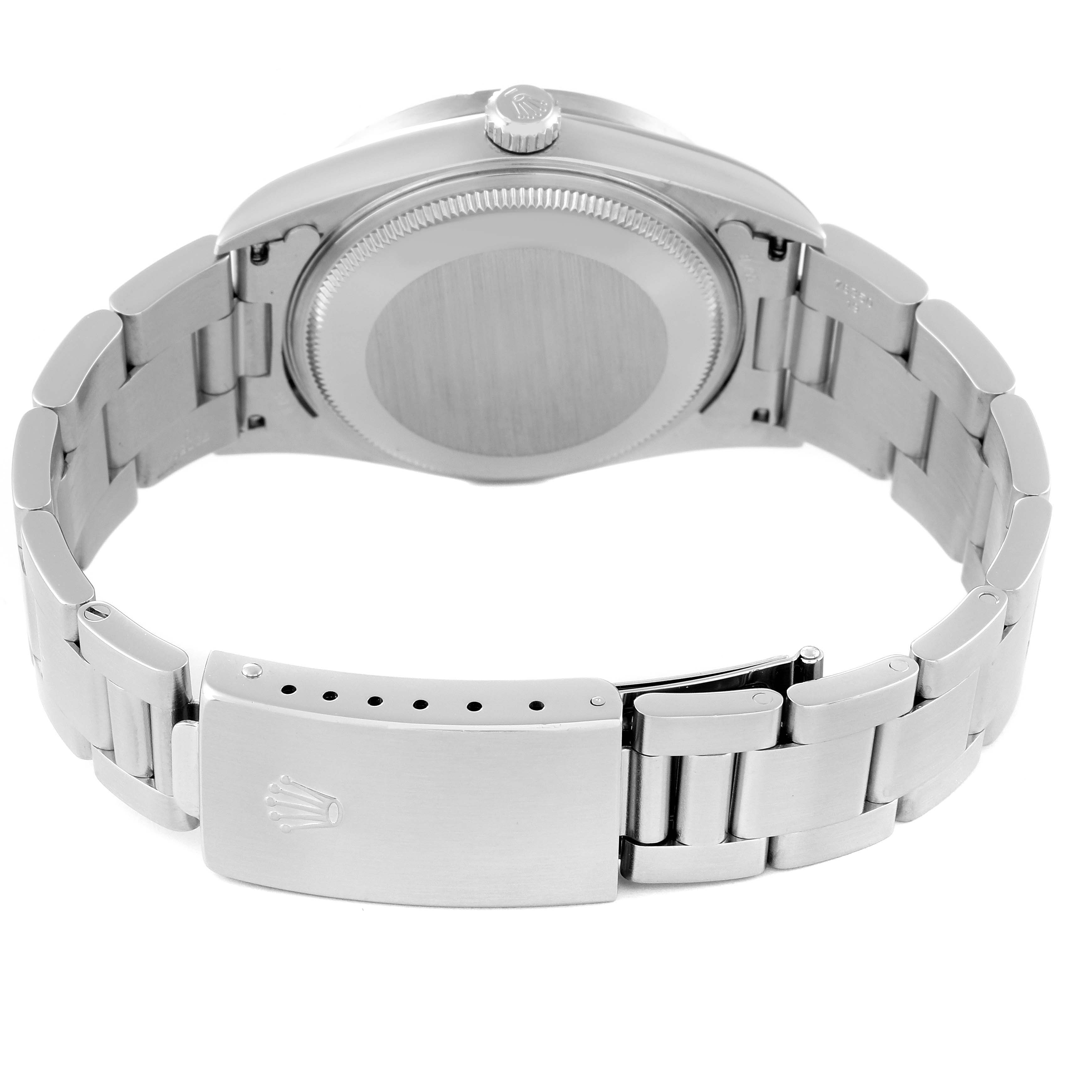 This image shows the back of the Rolex Air-King 14010 Men's Stainless Steel White Dial 14010 Men's Stainless Steel White Dial watch, highlighting the case back and metal bracelet with clasp.