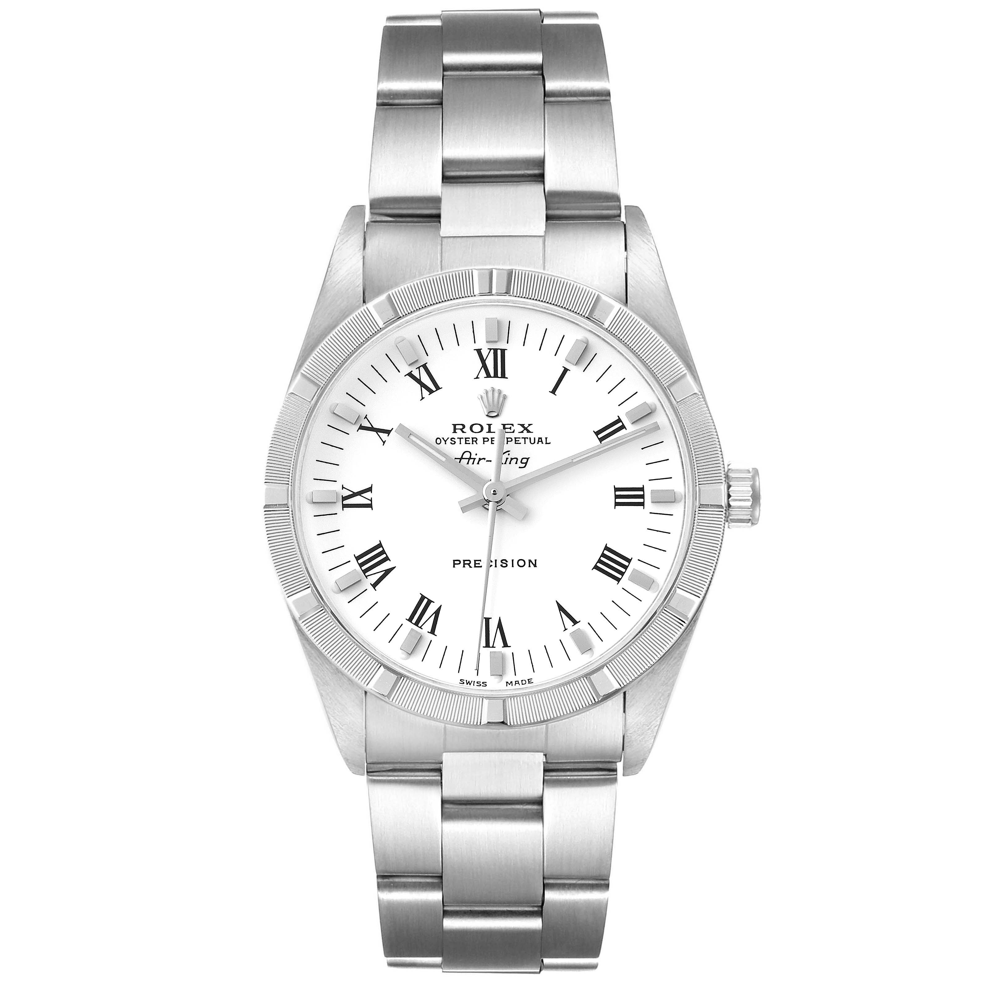 This image shows a front view of the Rolex Air-King 14010 Men's Stainless Steel White Dial 14010 Men's Stainless Steel White Dial watch, highlighting the dial, bezel, and bracelet.