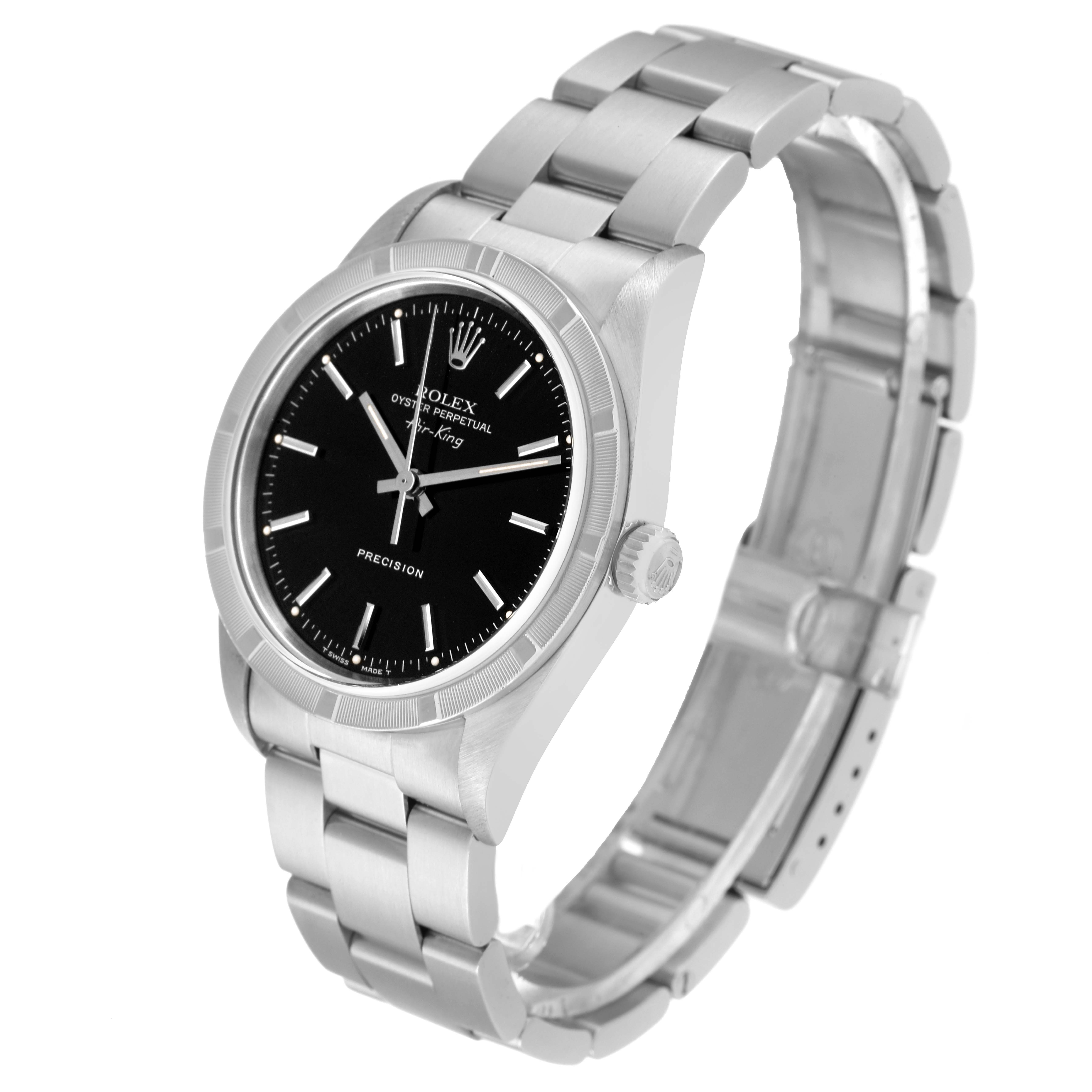 The Rolex Air-King 14010 Men's Stainless Steel Black Dial 14010 Men's Stainless Steel Black Dial watch is shown at an angled view, displaying the face, crown, and part of the bracelet.