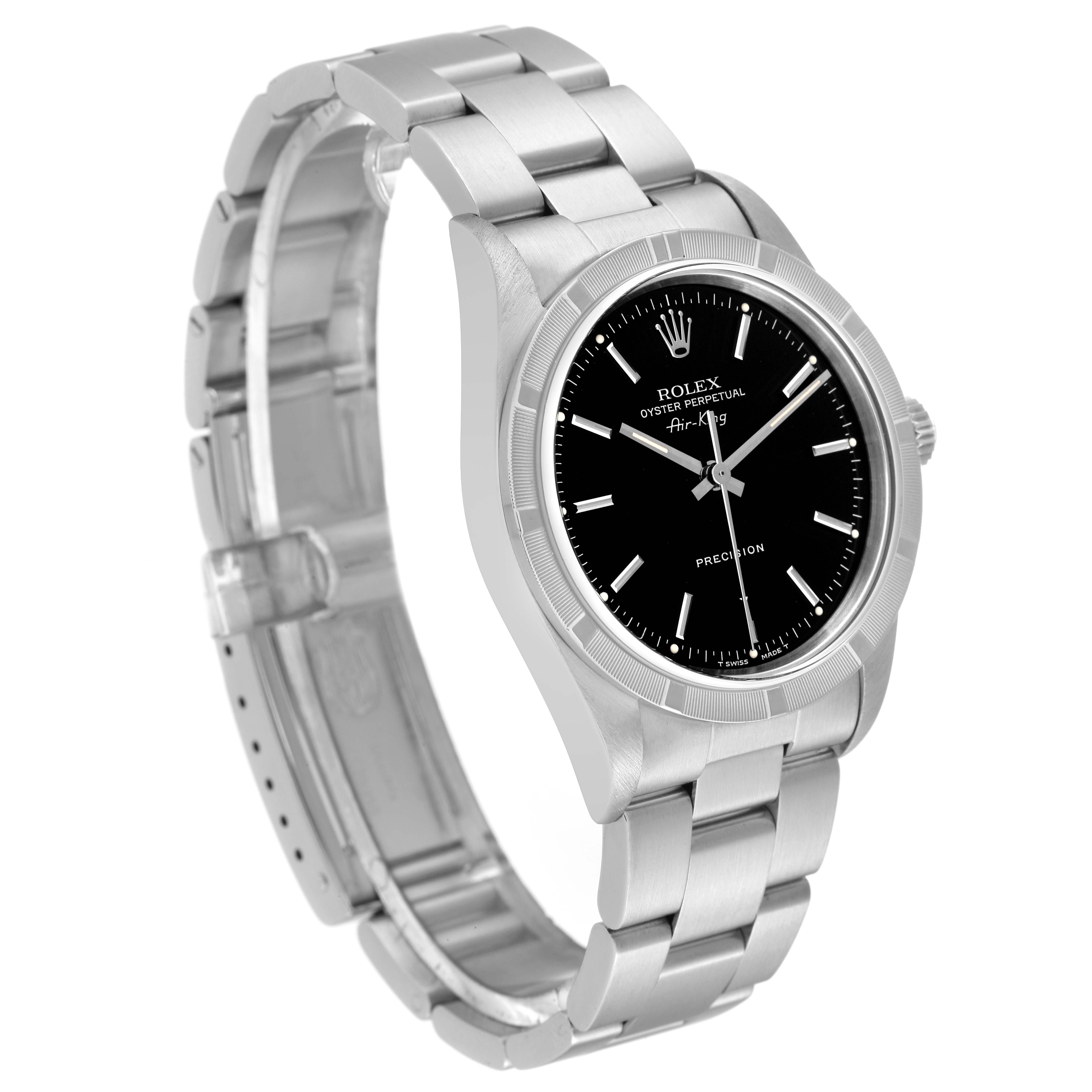 The image shows a Rolex Air-King 14010 Men's Stainless Steel Black Dial 14010 Men's Stainless Steel Black Dial watch angled slightly from the left, displaying its dial, bezel, crown, and metal bracelet.