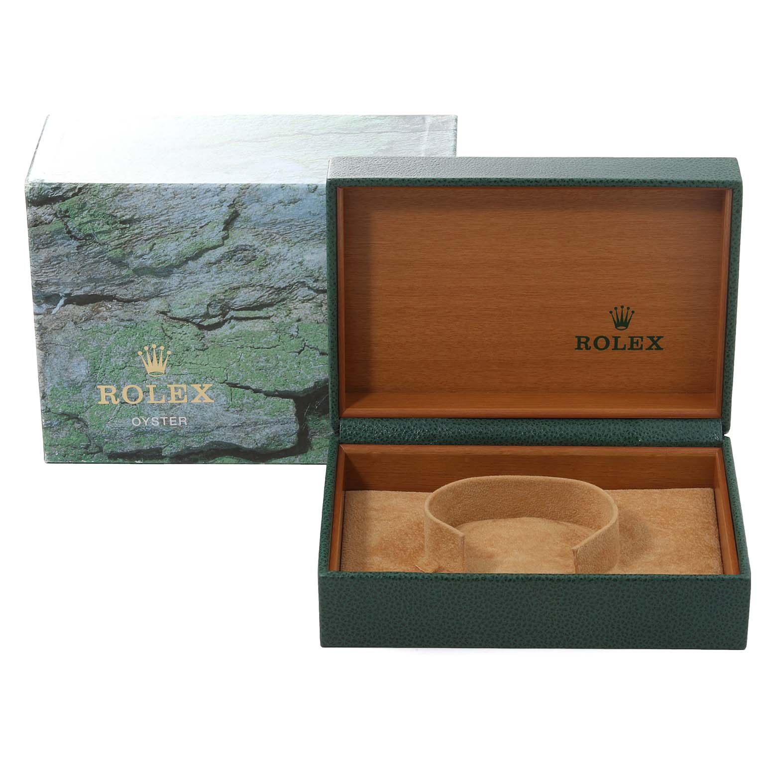 The image shows an open Rolex Air-King 14010 Men's Stainless Steel Black Dial 14010 Men's Stainless Steel Black Dial watch box with wood interior and a green exterior, and the Rolex-branded outer box.