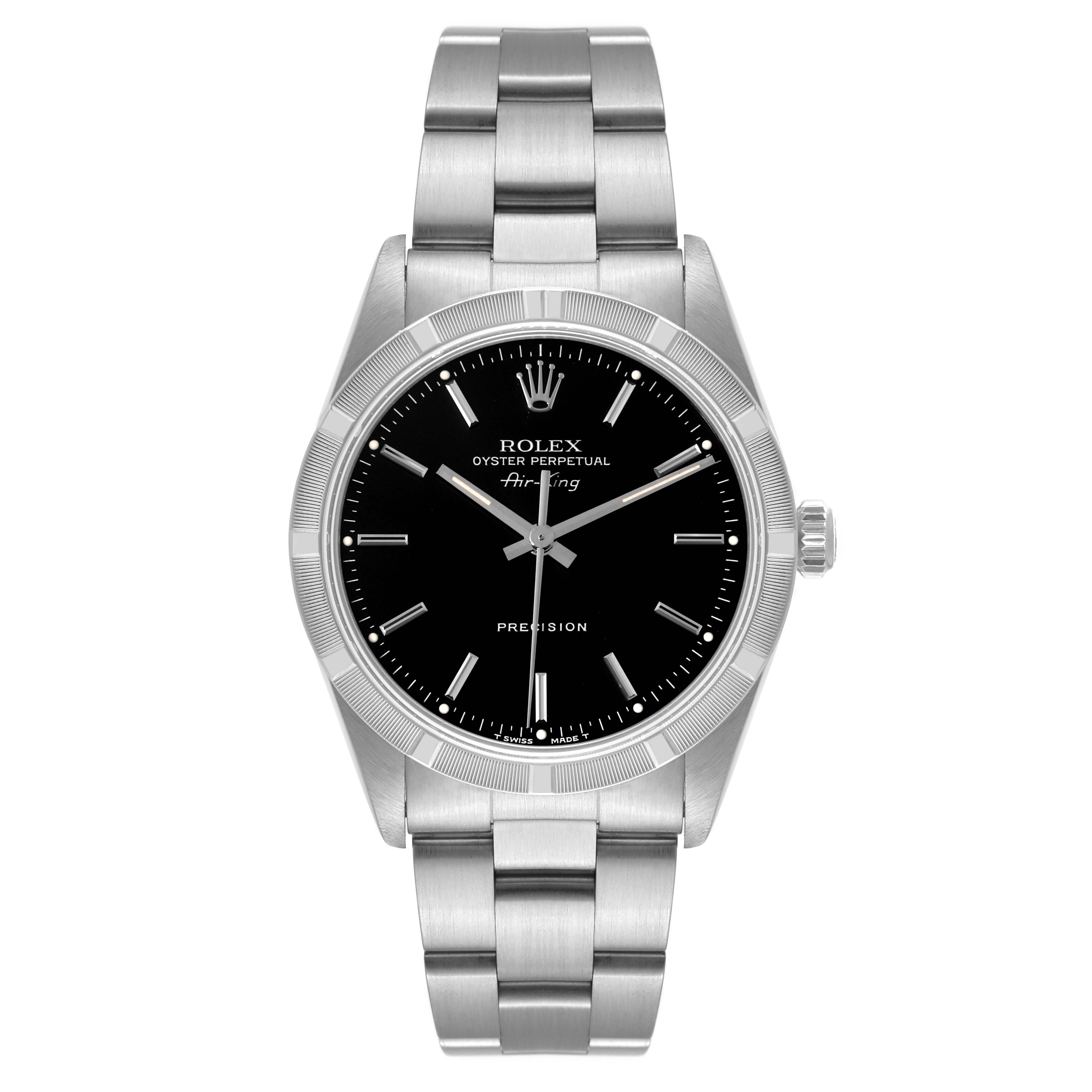 The image shows a front view of a Rolex Air-King 14010 Men's Stainless Steel Black Dial 14010 Men's Stainless Steel Black Dial watch with its face, case, and bracelet fully visible.