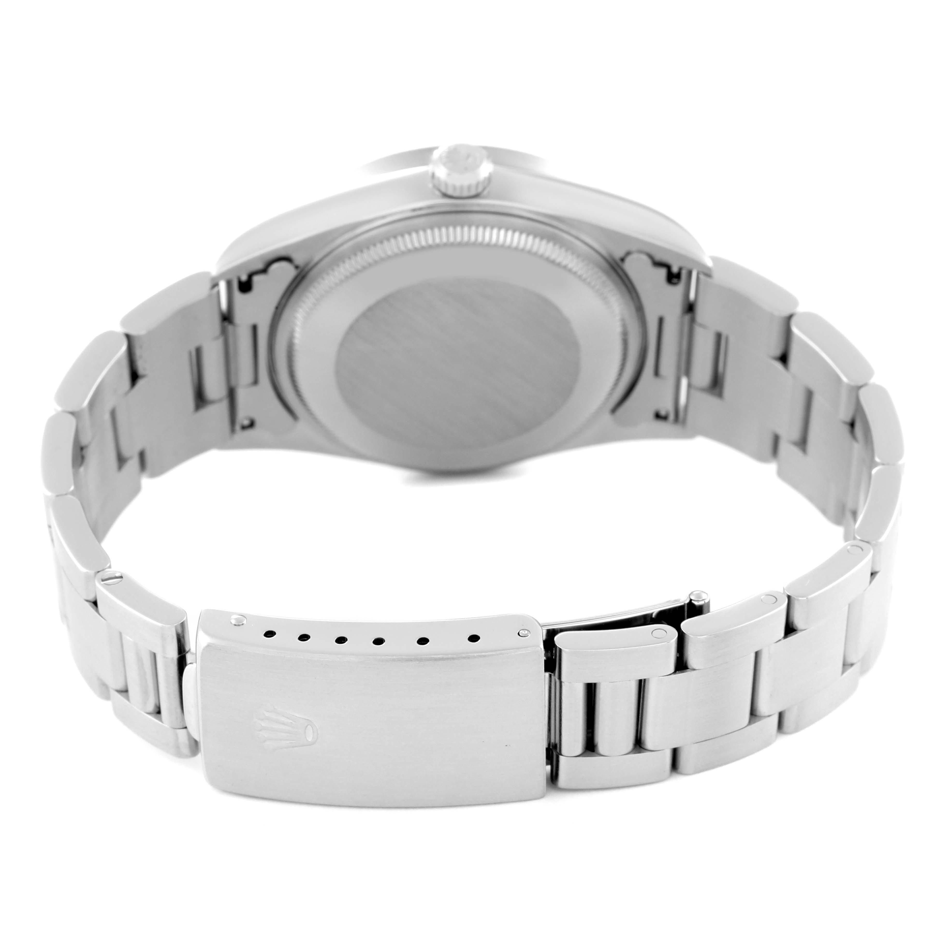 The image shows the back view of the Rolex Air-King 14010 Men's Stainless Steel Black Dial 14010 Men's Stainless Steel Black Dial watch, displaying the case back, bracelet, and clasp.