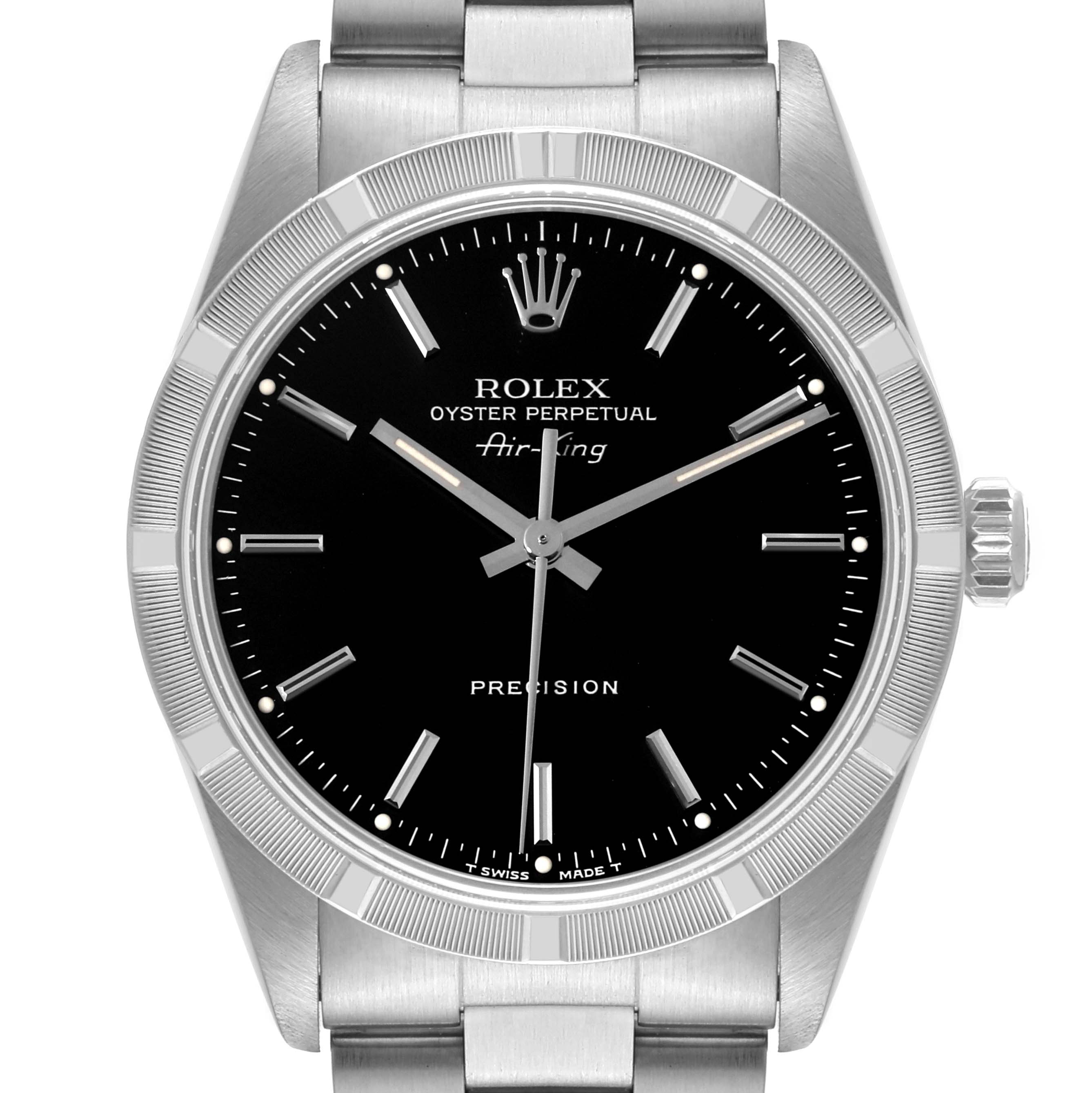 The image shows a frontal view of the Rolex Air-King 14010 Men's Stainless Steel Black Dial 14010 Men's Stainless Steel Black Dial watch, highlighting the face, bezel, crown, and part of the stainless steel bracelet.