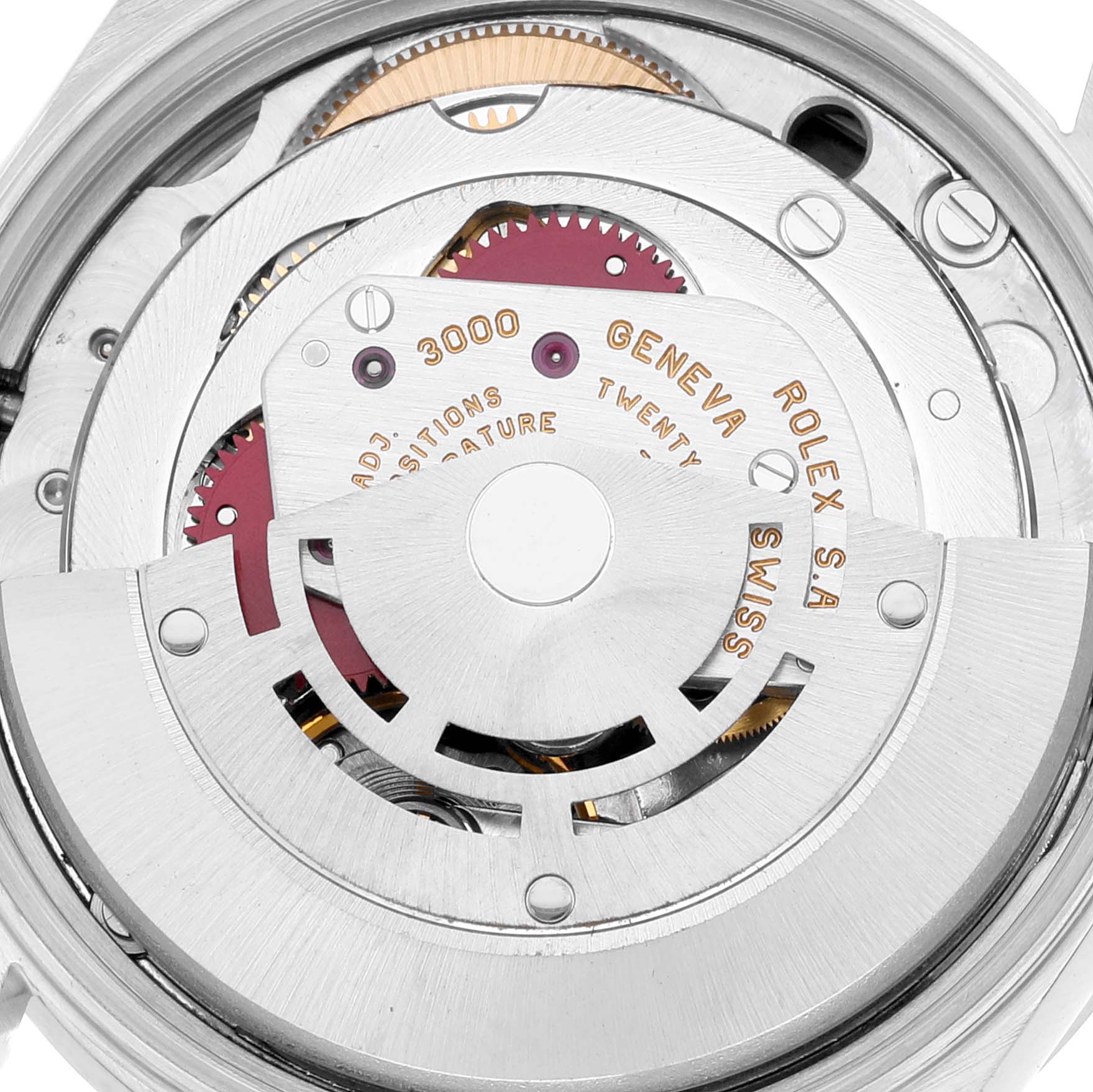 This close-up image of a Rolex Air-King 14010 Men's Stainless Steel Black Dial 14010 Men's Stainless Steel Black Dial watch shows the movement mechanism, including gears and inscriptions.