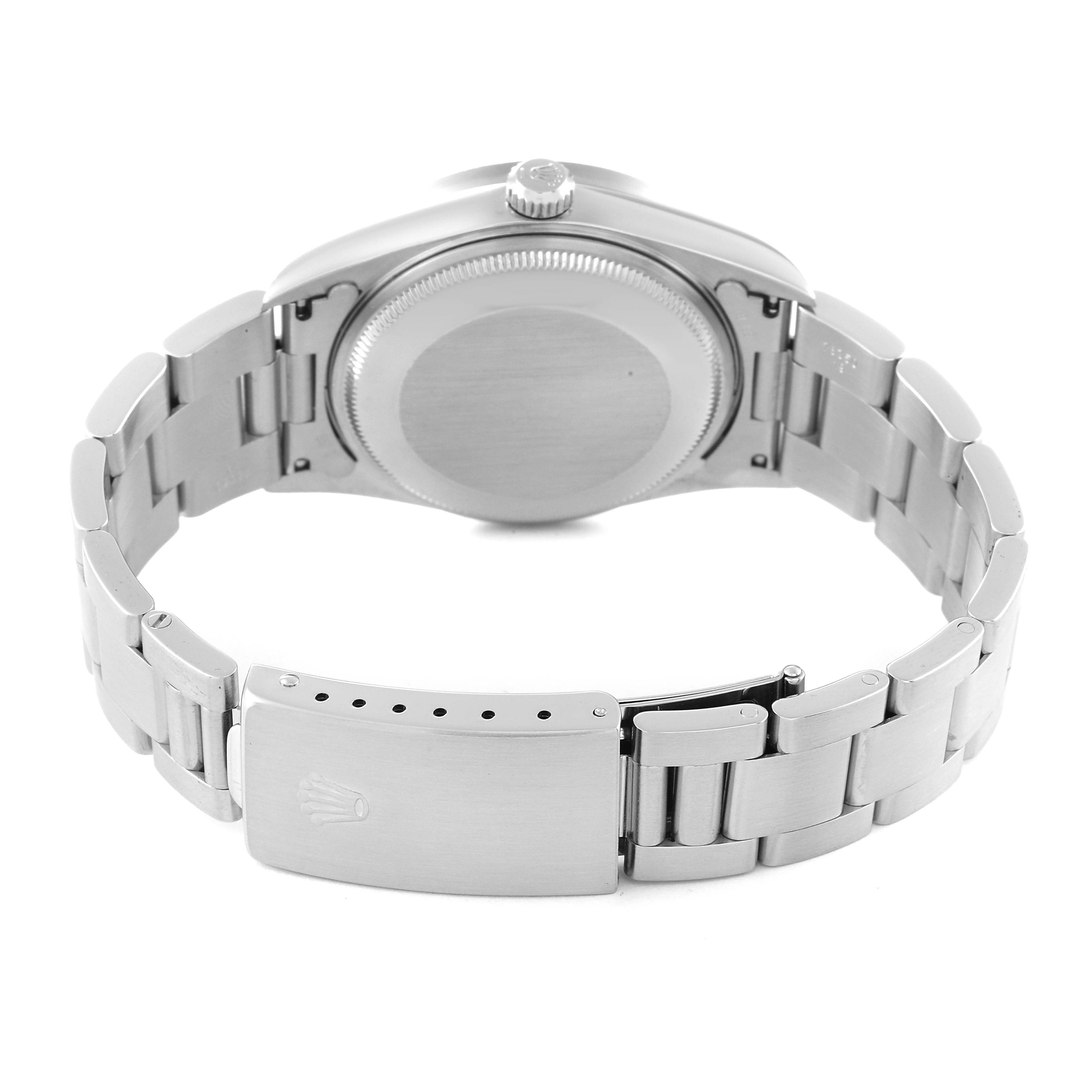 The image shows the back view of the Rolex Air-King 14010 Men's Stainless Steel Blue Dial 14010 Men's Stainless Steel Blue Dial watch, highlighting its case back and bracelet with the clasp.