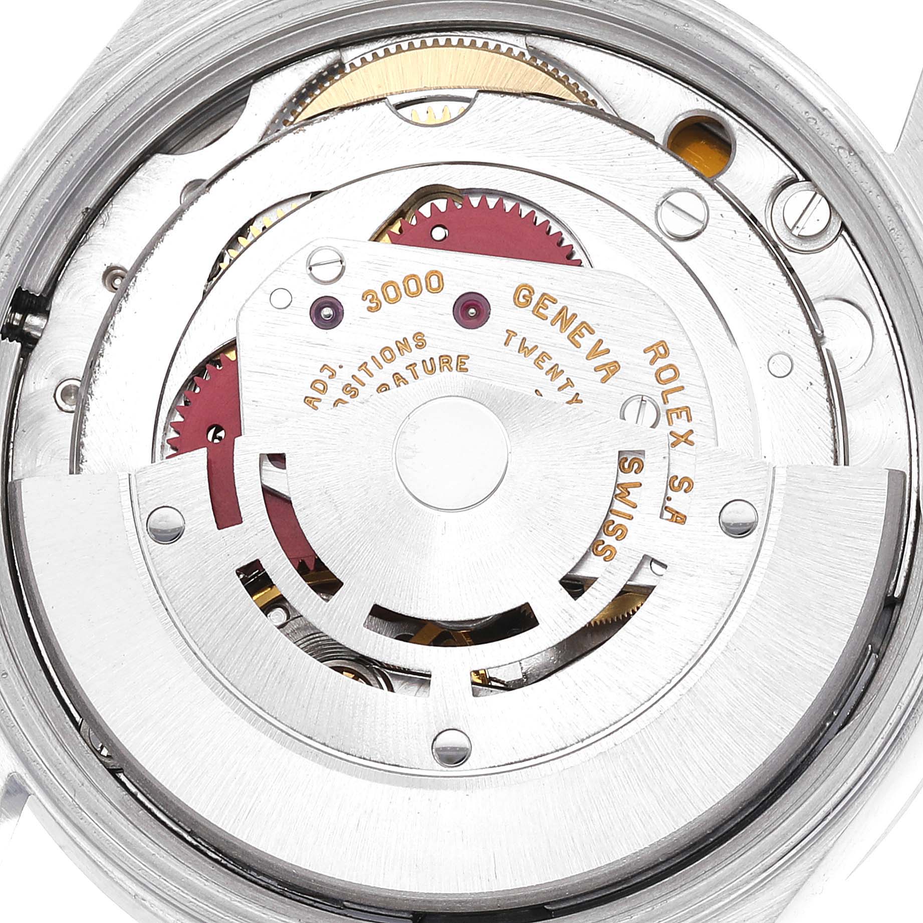 This image shows the movement and inner workings of the Rolex Air-King 14010 Men's Stainless Steel Blue Dial 14010 Men's Stainless Steel Blue Dial watch from a close-up, top-down angle.