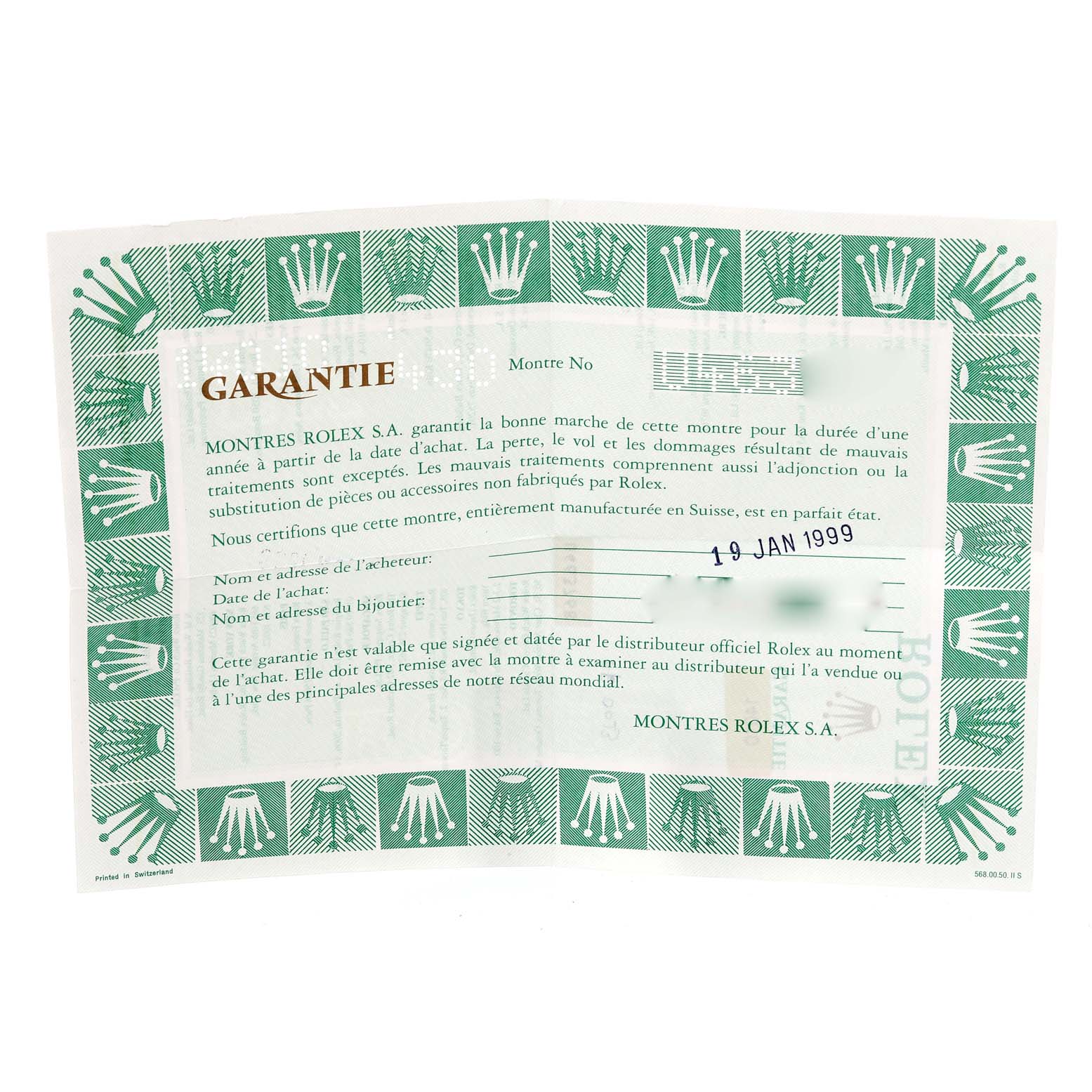 The image shows a warranty certificate for the Rolex Air-King 14010 Men's Stainless Steel Blue Dial 14010 Men's Stainless Steel Blue Dial watch, featuring green borders with the Rolex crown logo.