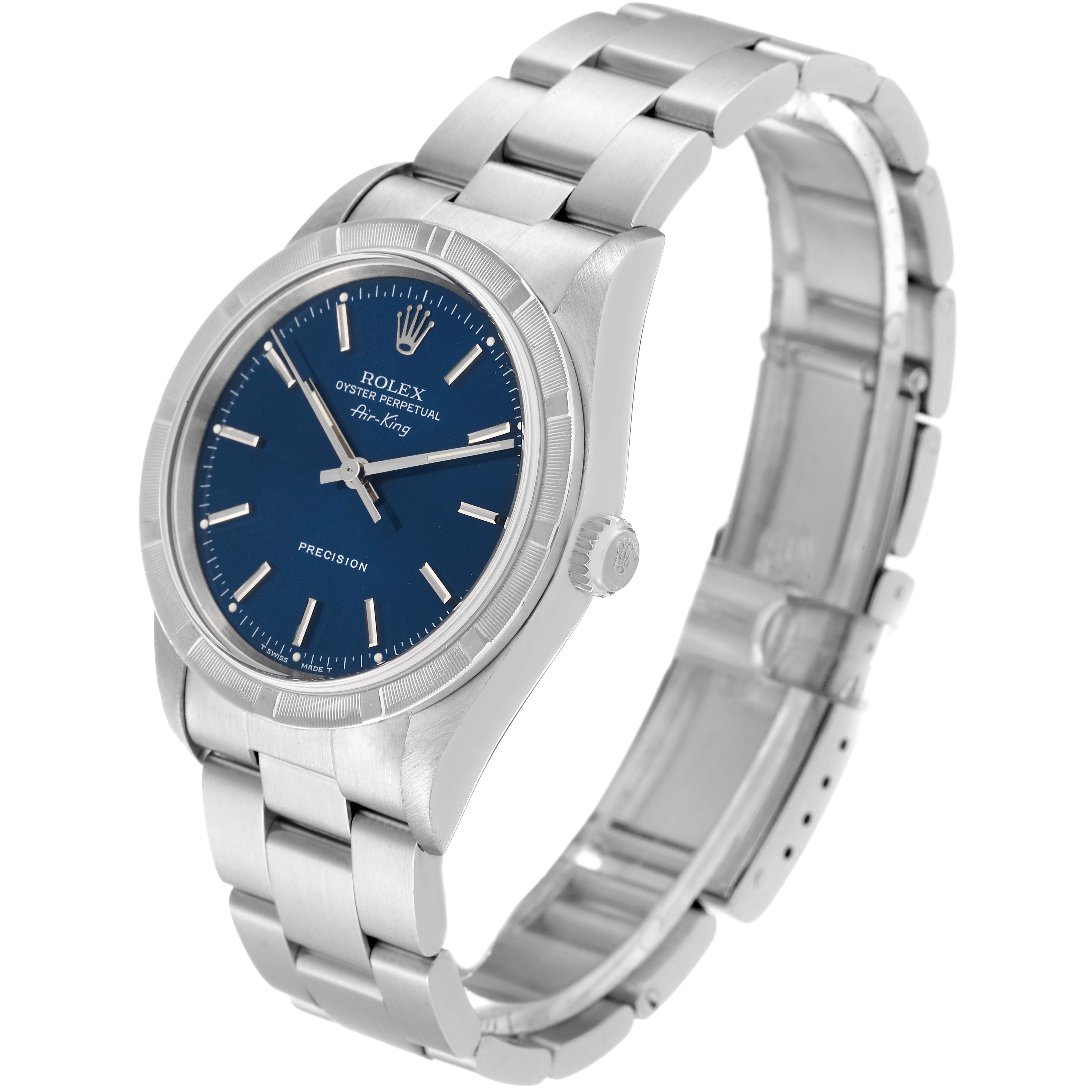 The Rolex Air-King 14010 Men's Stainless Steel Blue Dial 14010 Men's Stainless Steel Blue Dial watch is shown at a slight angle, highlighting its blue dial, stainless steel case, and bracelet.