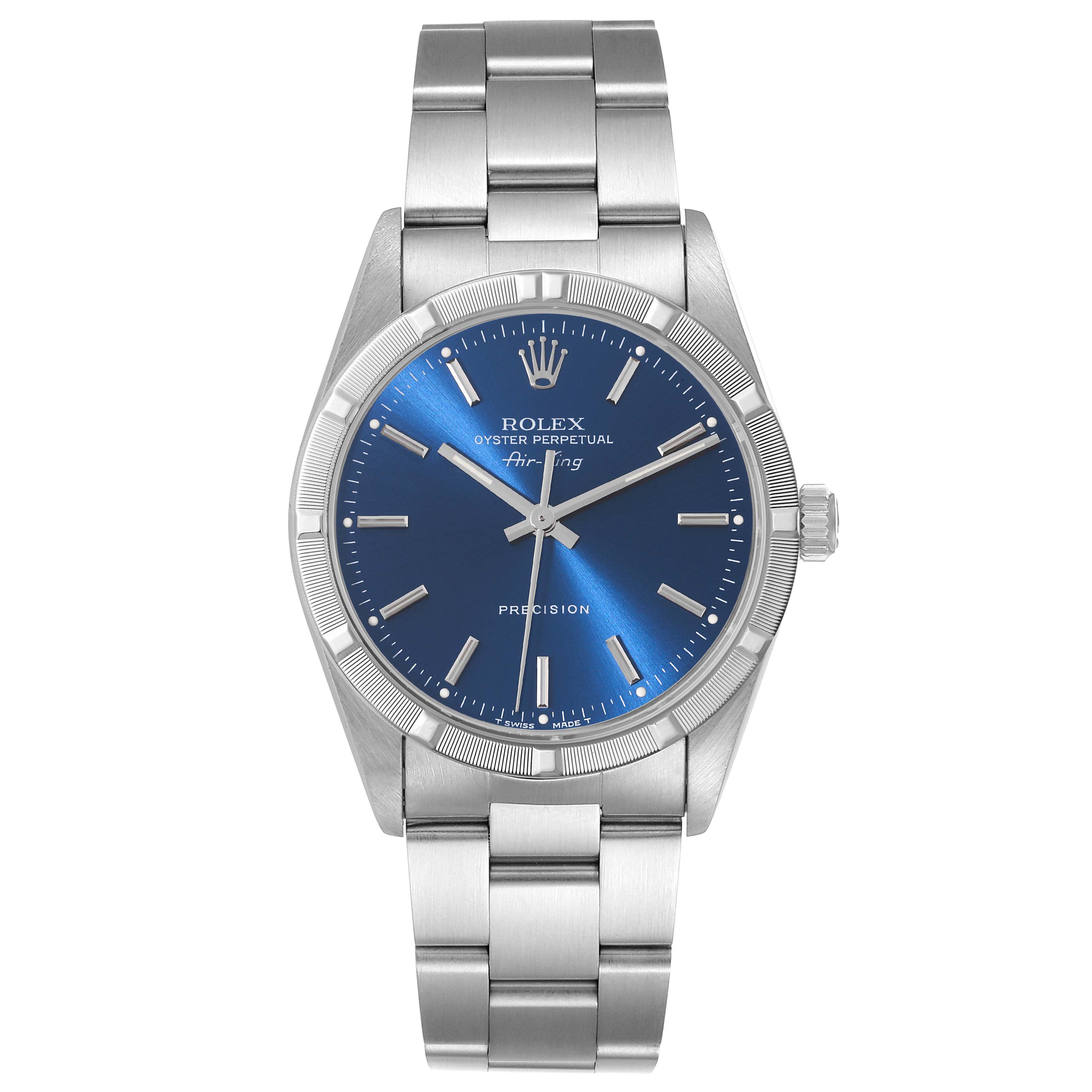The image shows a frontal view of a Rolex Air-King 14010 Men's Stainless Steel Blue Dial 14010 Men's Stainless Steel Blue Dial watch, highlighting the dial, bezel, crown, and bracelet.