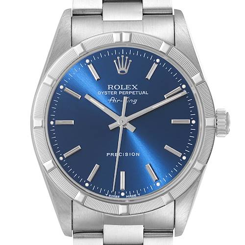 Photo of Rolex Air King Engine Turned Bezel Blue Dial Steel Mens Watch 14010 Box Papers