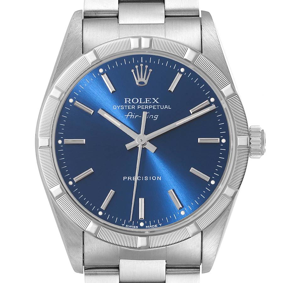 Rolex Air King Engine Turned Bezel Blue Dial Steel Mens Watch 14010 Box Papers SwissWatchExpo