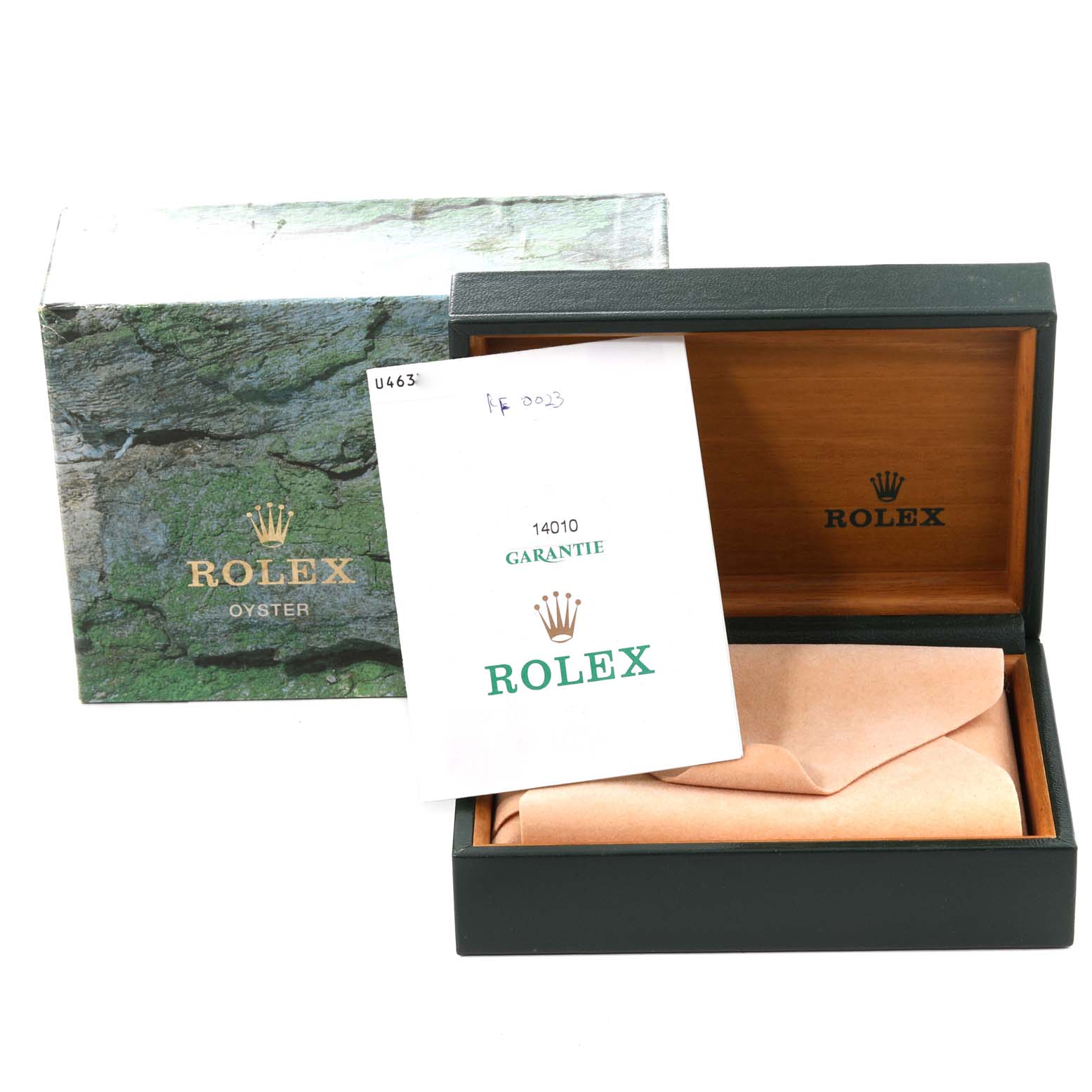 The image shows the opened box and warranty card for the Rolex Air-King 14010 Men's Stainless Steel Blue Dial 14010 Men's Stainless Steel Blue Dial watch.