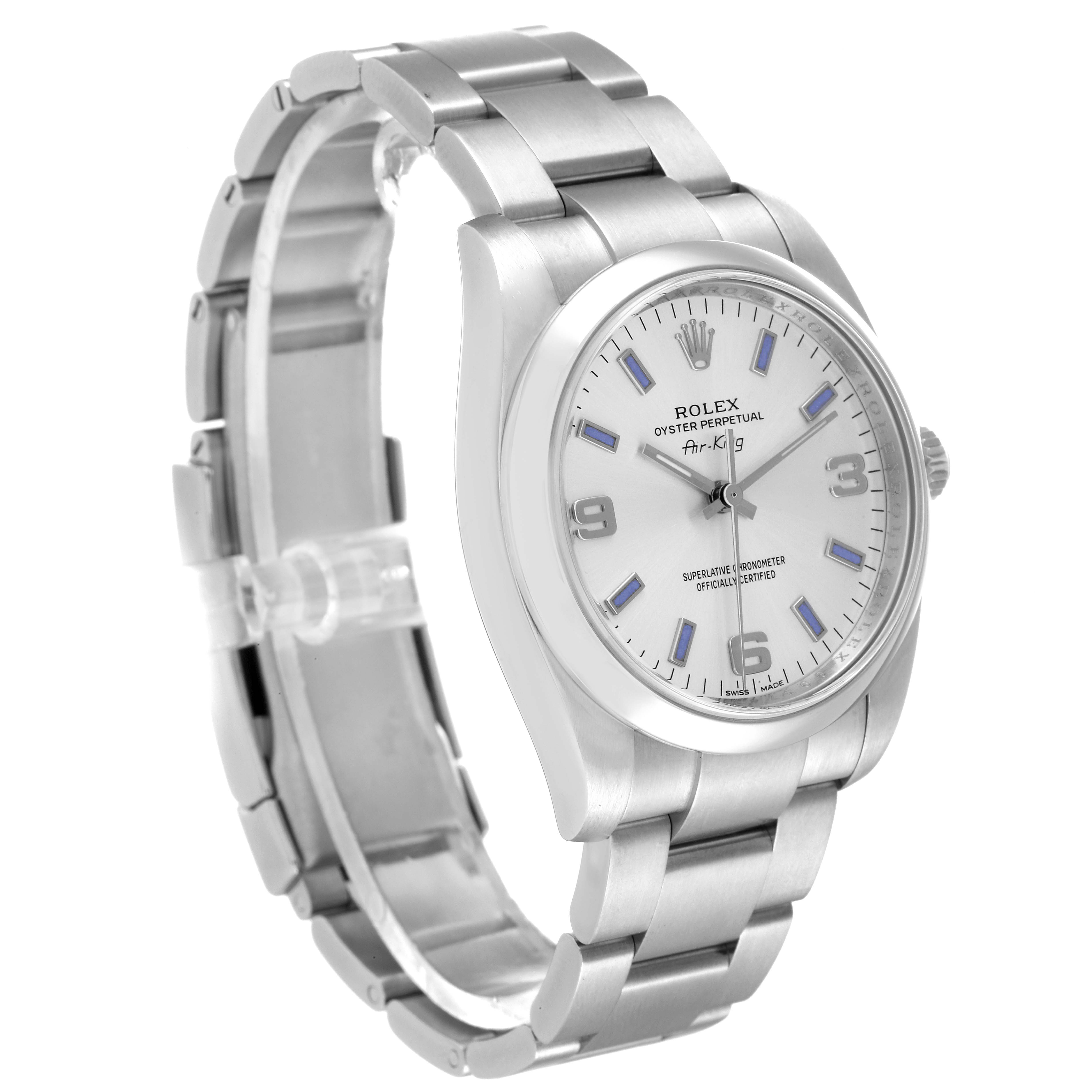 The image shows a side-angled view of the Rolex Air-King 114200 Men's Stainless Steel Silver Dial 114200 Men's Stainless Steel Silver Dial watch, displaying its face, bracelet, and crown.