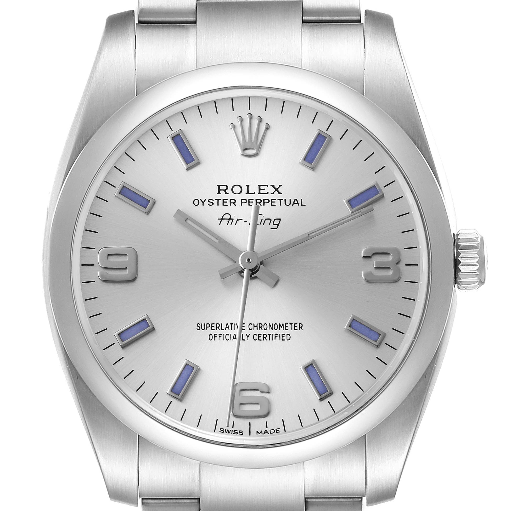 This image shows the dial, hands, bezel, and part of the bracelet of a Rolex Air-King 114200 Men's Stainless Steel Silver Dial 114200 Men's Stainless Steel Silver Dial watch.