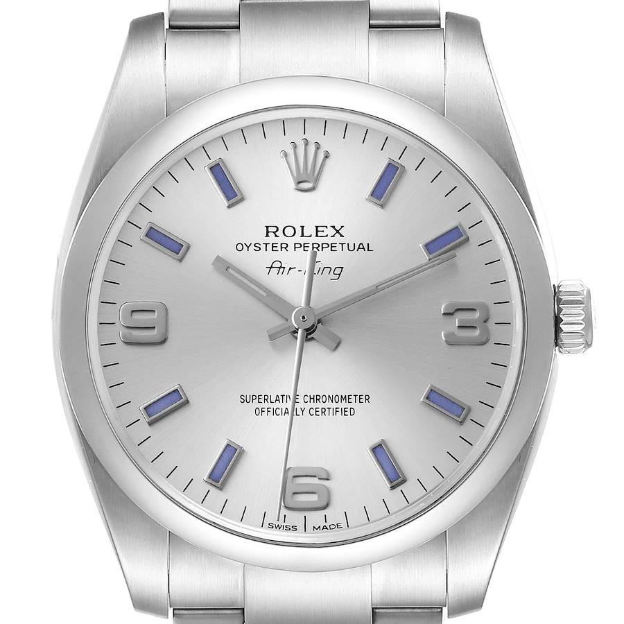 Rolex Air King Silver Dial Blue Hour Markers Steel Mens Watch 114200 SwissWatchExpo