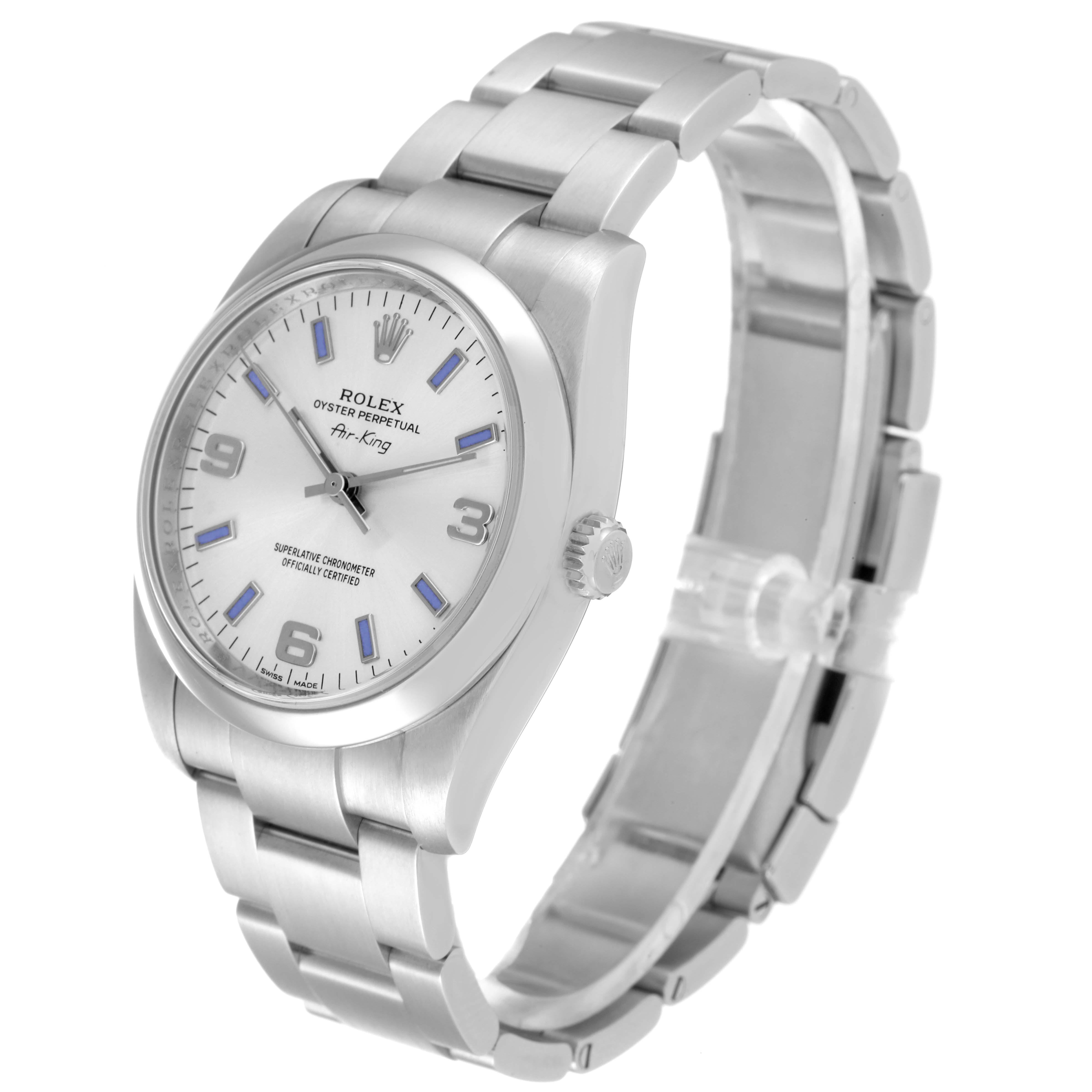 The image shows a Rolex Air-King 114200 Men's Stainless Steel Silver Dial 114200 Men's Stainless Steel Silver Dial watch from a three-quarter angle, highlighting its face, bezel, crown, and metal bracelet.