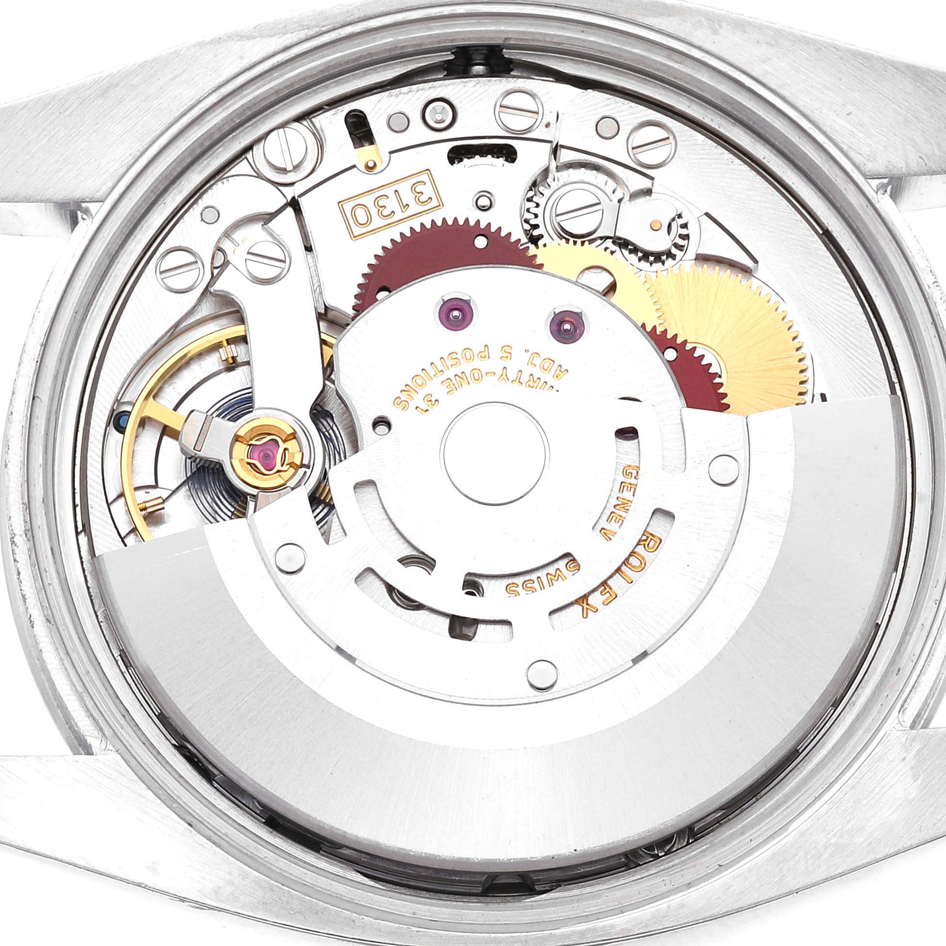 This image shows the interior mechanical movement of the Rolex Air-King 114200 Men's Stainless Steel Silver Dial 114200 Men's Stainless Steel Silver Dial watch from a top-down perspective.
