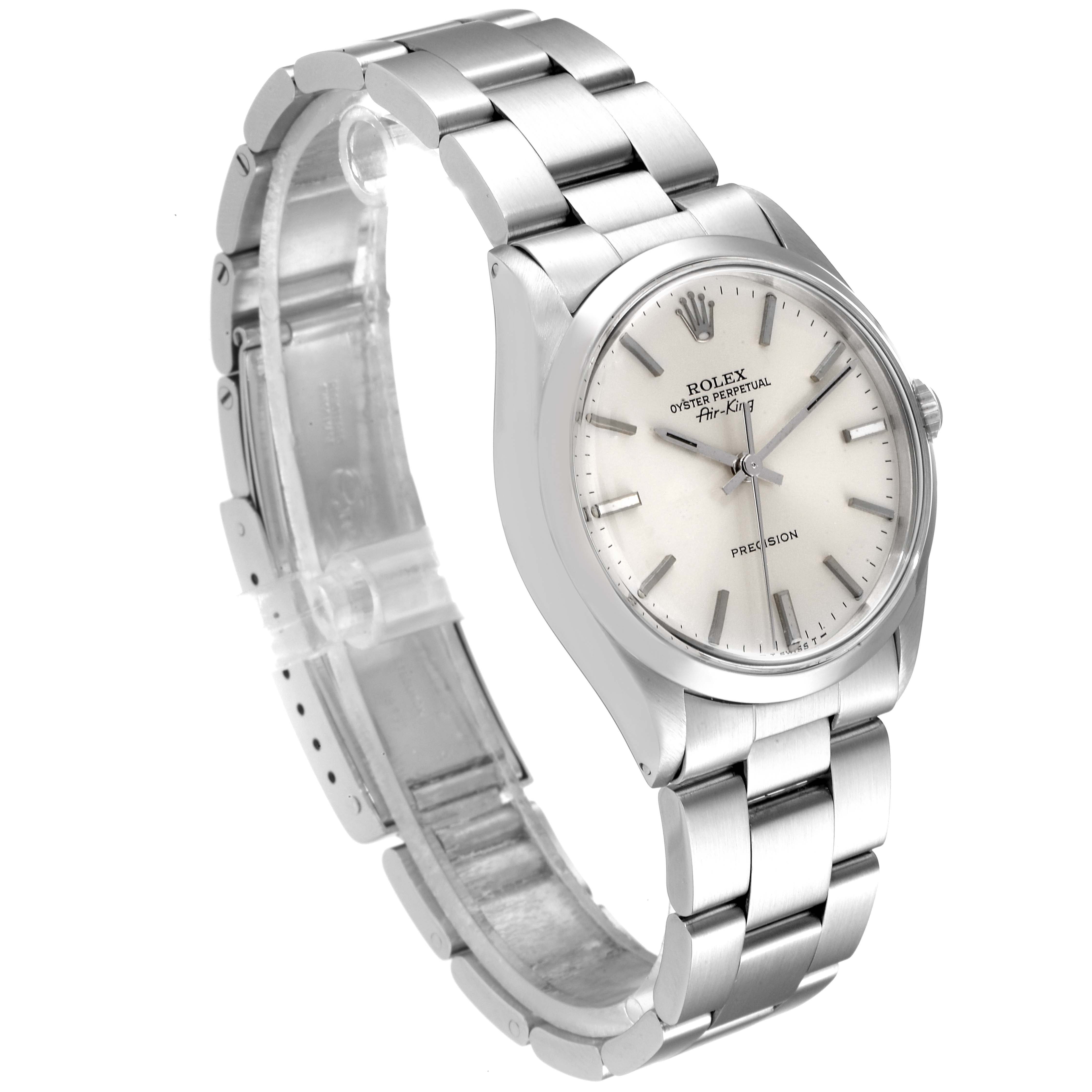 The Rolex Air-King 5500 Men's Stainless Steel Silver Dial 5500 Men's Stainless Steel Silver Dial watch is shown at a three-quarter angle, displaying the bracelet, case, and dial.