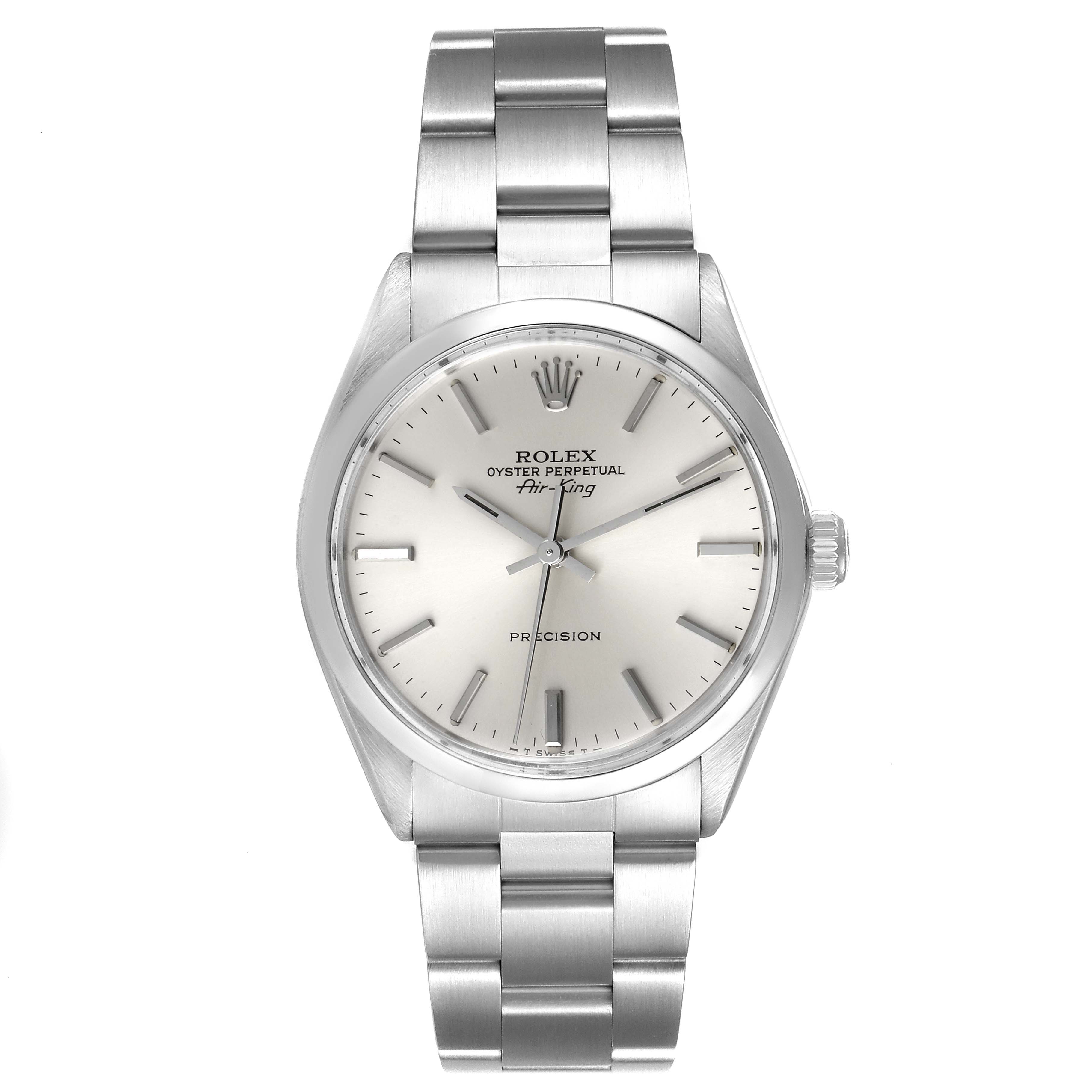 This image shows a front view of a Rolex Air-King 5500 Men's Stainless Steel Silver Dial 5500 Men's Stainless Steel Silver Dial watch, displaying its dial, hands, and bracelet.