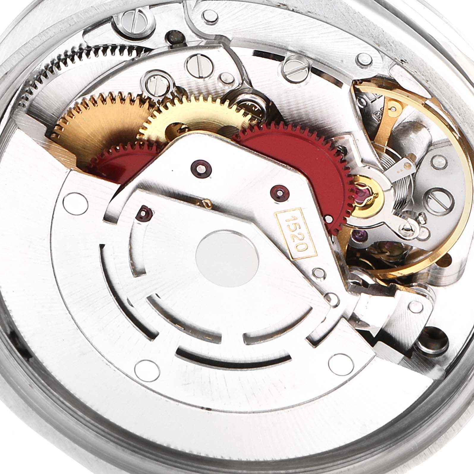 This is a close-up of the internal mechanism of a Rolex Air-King 5500 Men's Stainless Steel Silver Dial 5500 Men's Stainless Steel Silver Dial watch, showing gears and the Caliber 1520 movement.
