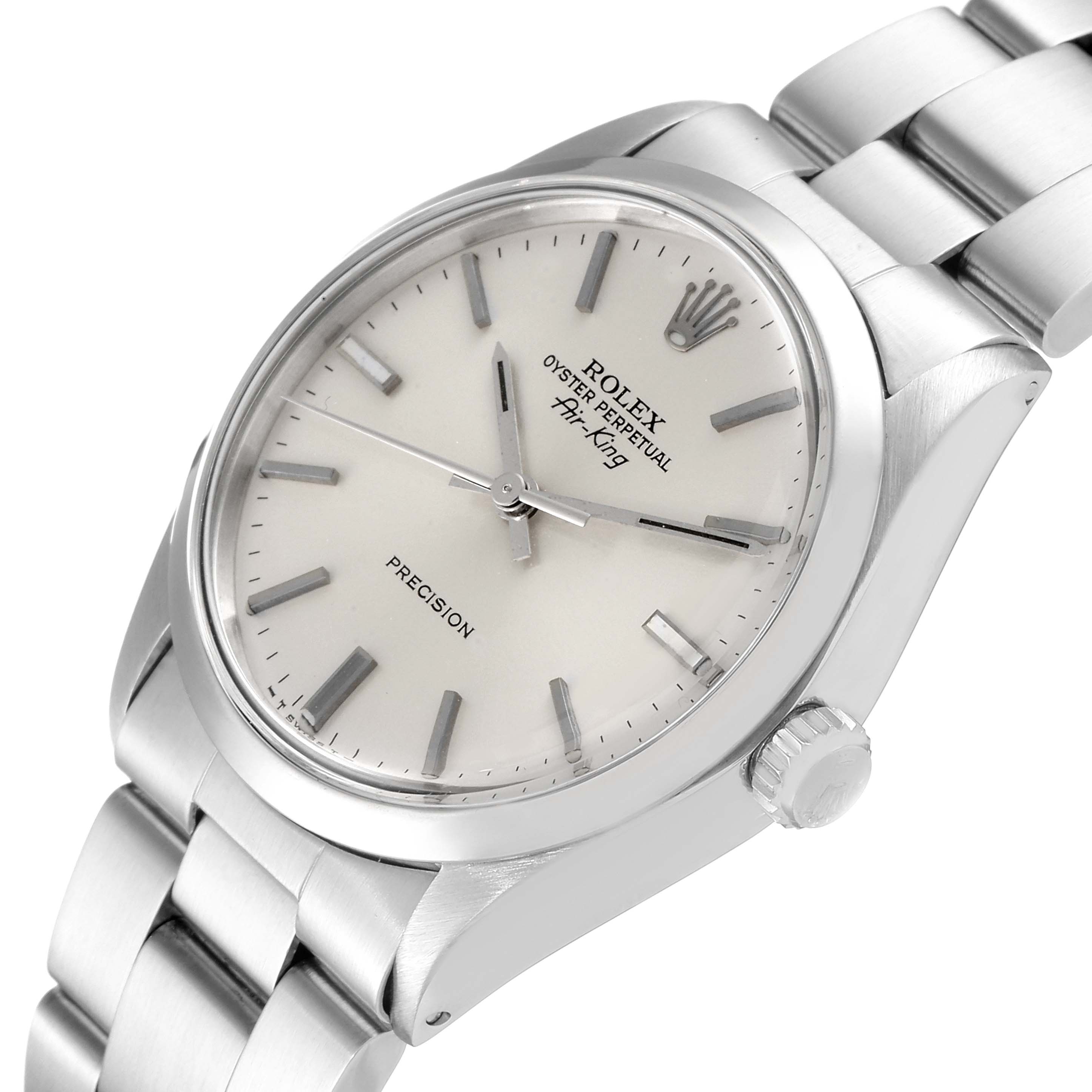 The image shows a Rolex Air-King 5500 Men's Stainless Steel Silver Dial 5500 Men's Stainless Steel Silver Dial watch angled to display the dial, crown, and part of the bracelet.