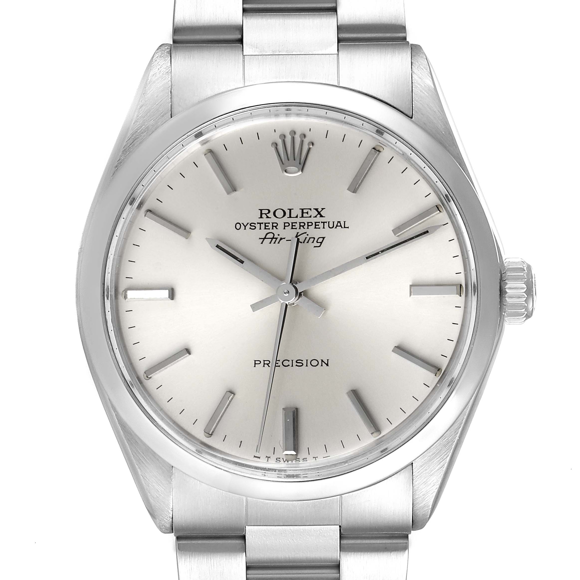 The image shows a front view of a Rolex Air-King 5500 Men's Stainless Steel Silver Dial 5500 Men's Stainless Steel Silver Dial watch, displaying the dial, hands, and part of the stainless steel bracelet.
