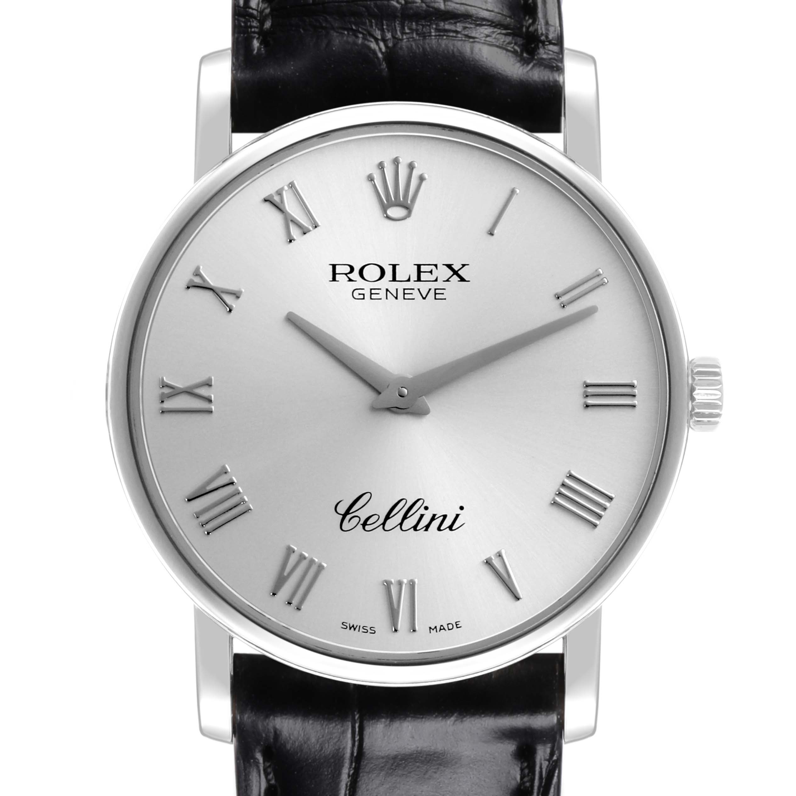 The Rolex Cellini 5115/9 Men's White Gold Silver Dial 5115/9 Men's White Gold Silver Dial is shown from a frontal angle, displaying the dial, hands, crown, and part of the black leather strap.